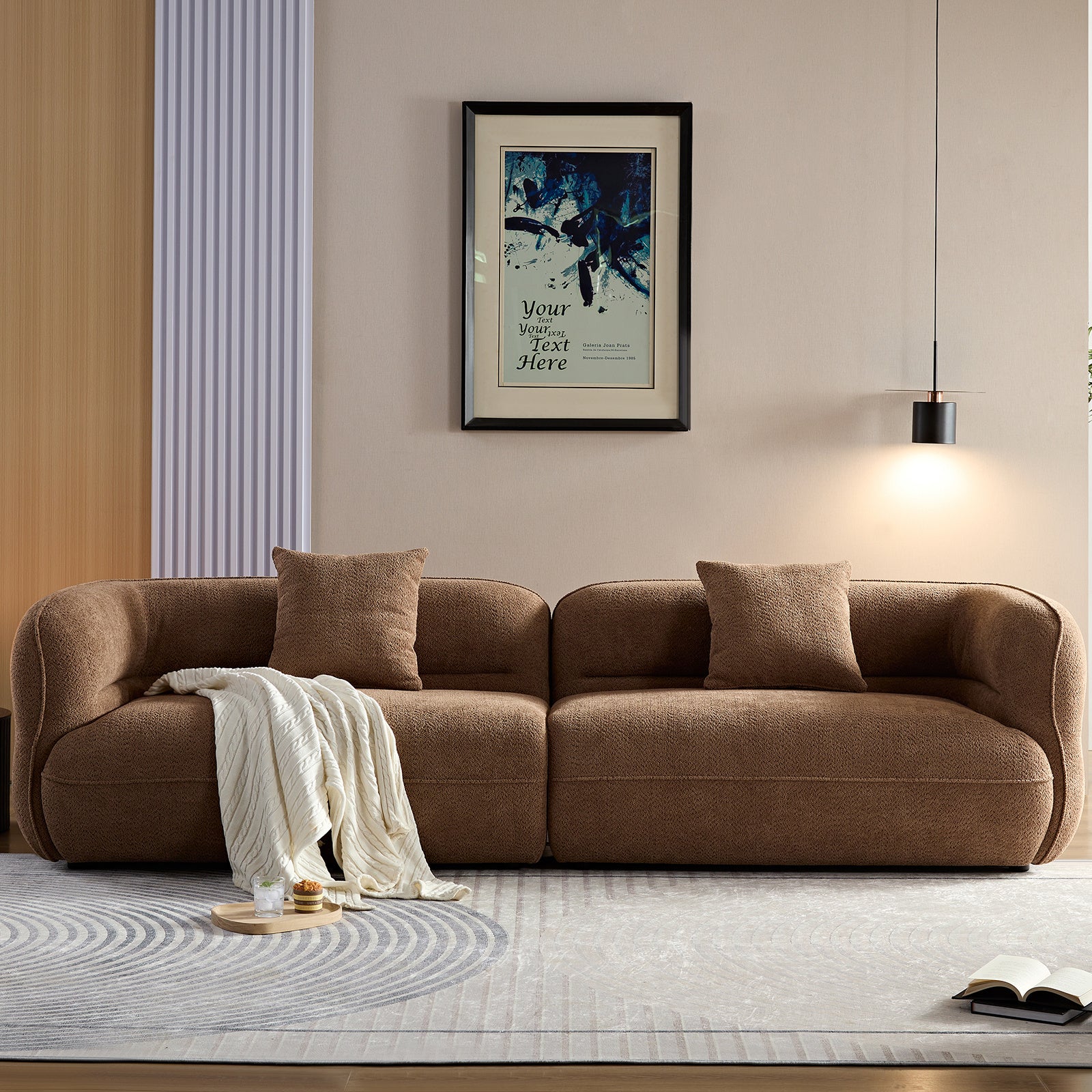 WKS11CZ camel sectional sofa with removable pillows, durable fabric, solid wood frame, high density sponge filler