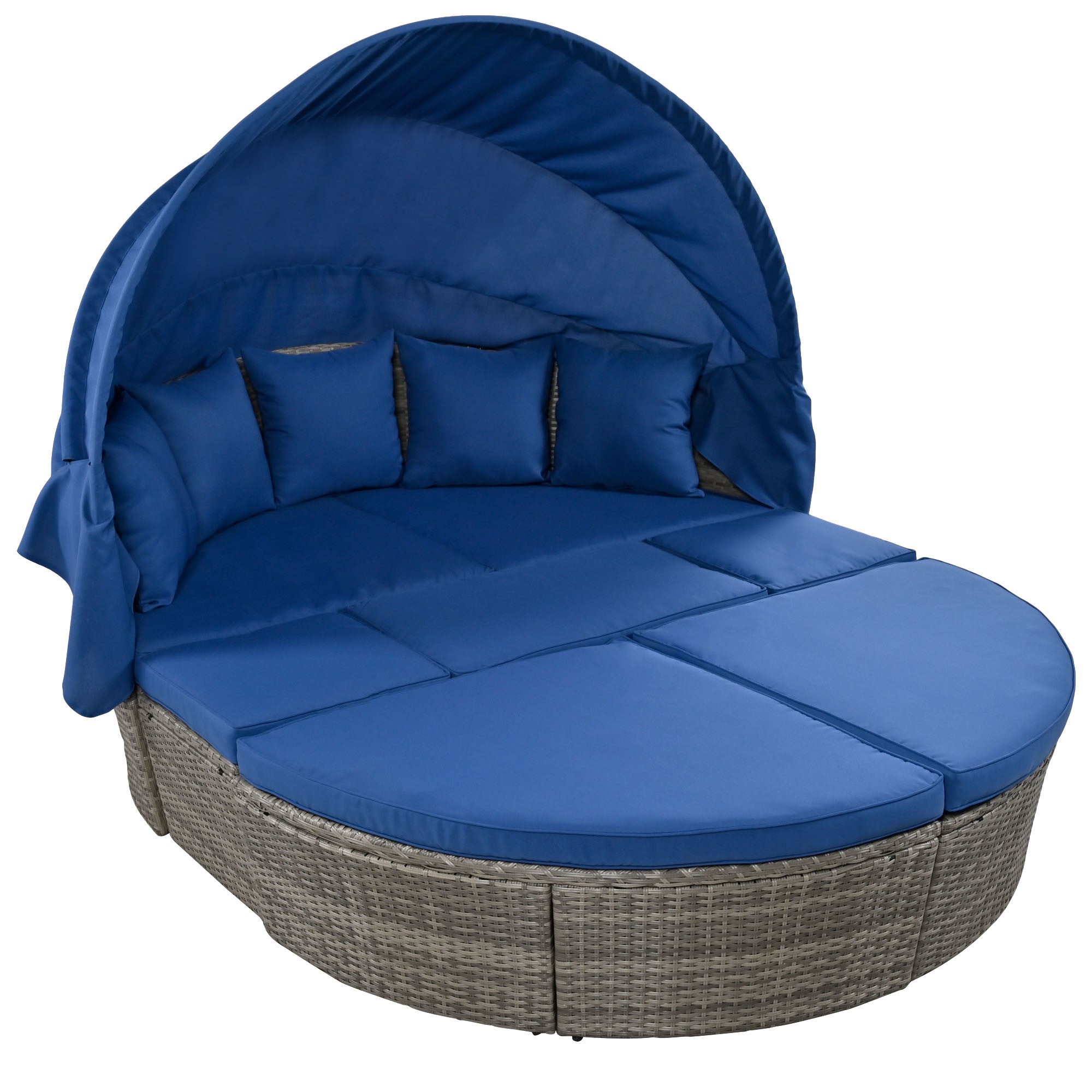 GO Outdoor rattan daybed sunbed with Retractable Canopy Wicker Furniture, Round Outdoor Sectional Sofa Set, Gray Wicker Furniture Clamshell Seating with Washable Cushions, Backyard, Porch, Blue