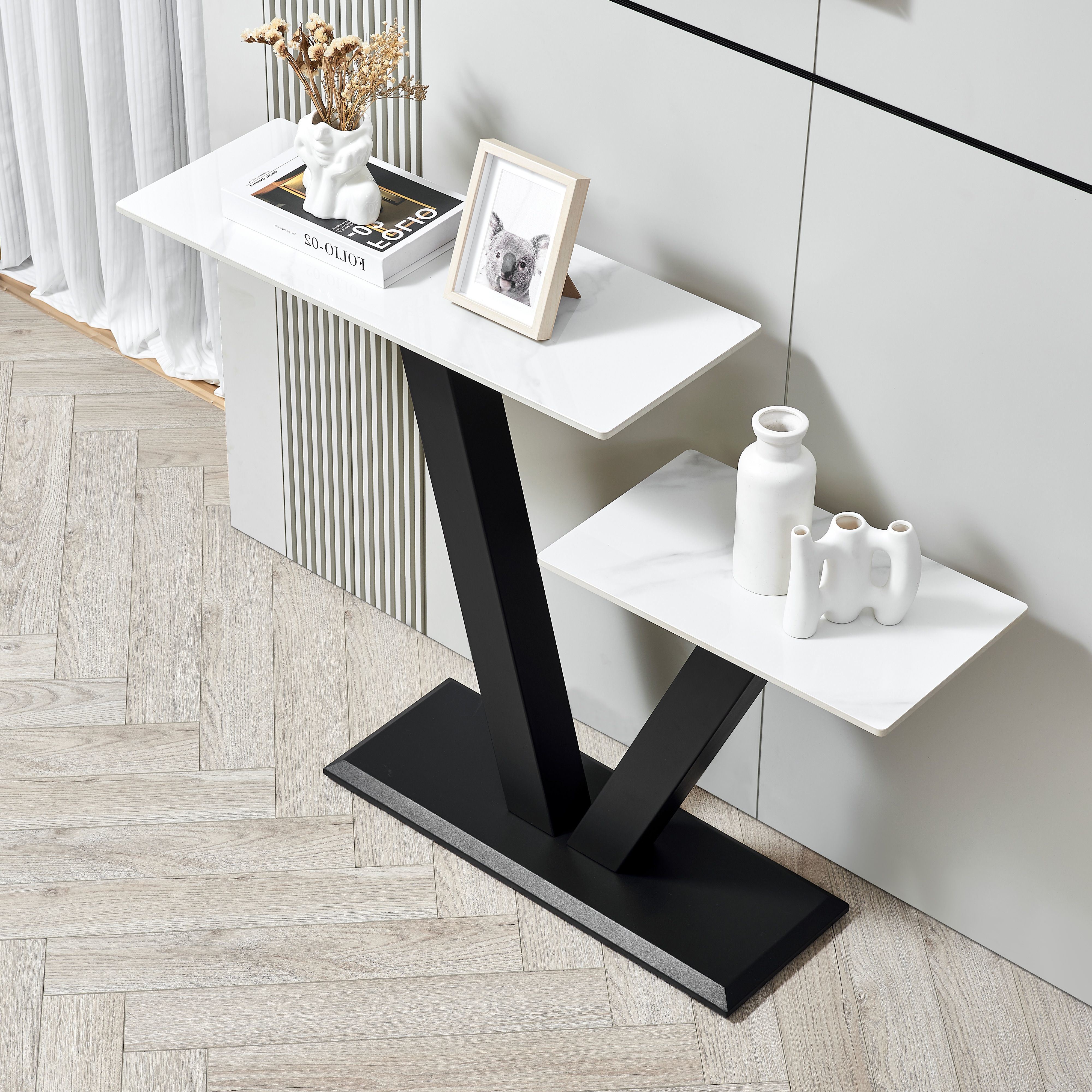 47.2"Modern Console Table, Exquisite shape design, Metal Frame with Adjustable foot pads for Entrance, Corridor, Living room & Office.(Black)