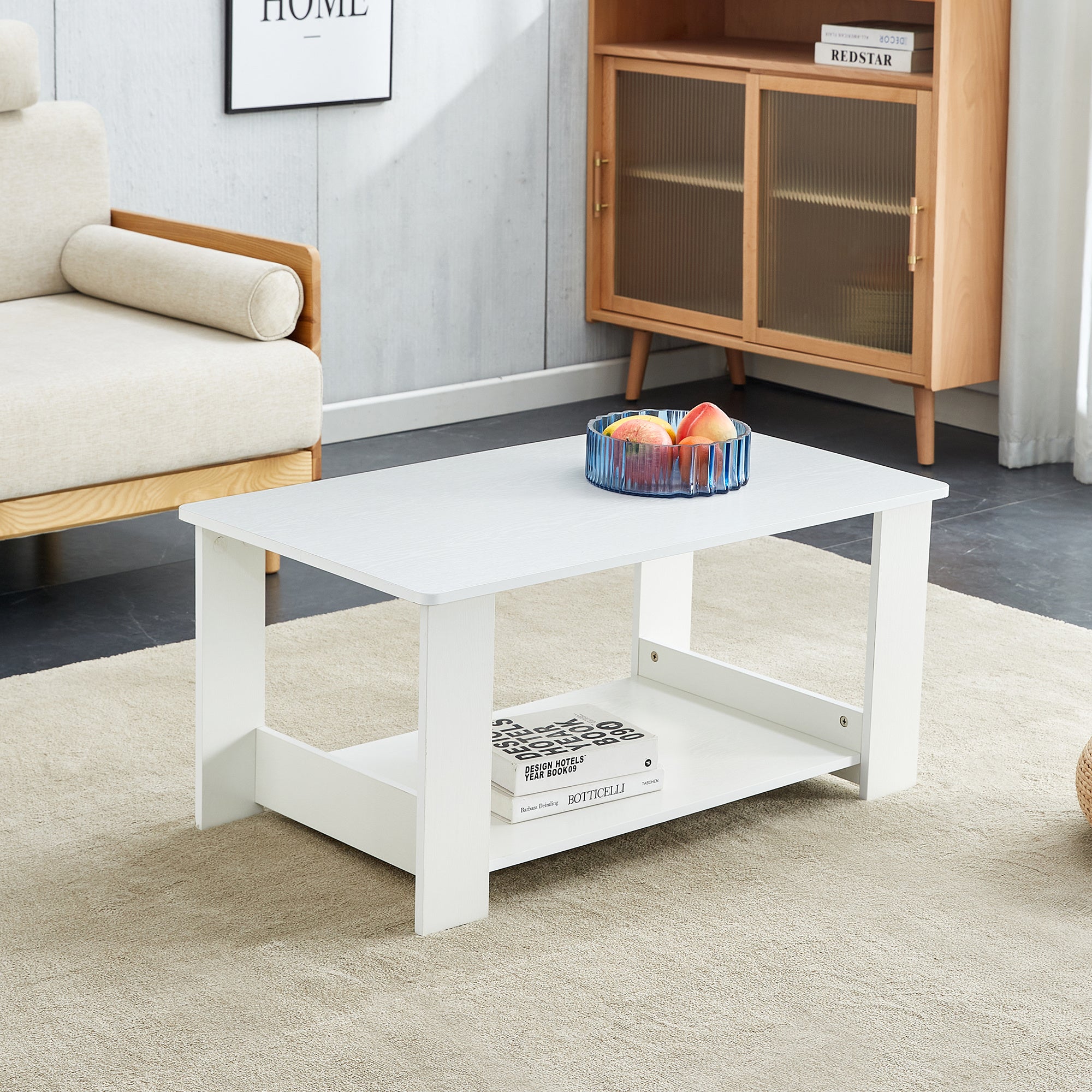 A modern and minimalist white double layered rectangular coffee table and coffee table. MDF material is more durable and suitable for living rooms, bedrooms, and study rooms. 19.6 "*35.4"*16.5 "CT-16