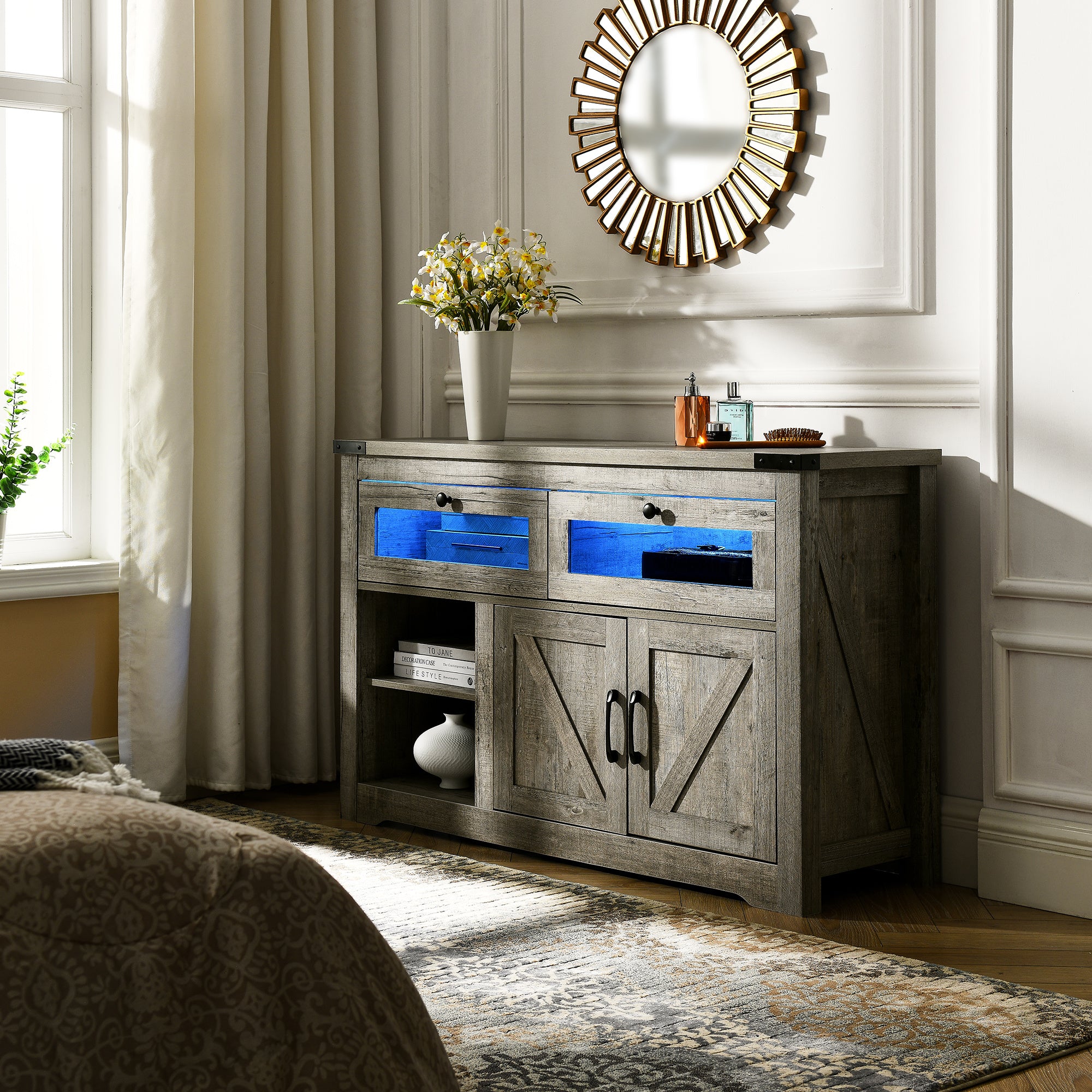 Modern wooden sideboard, kitchen buffet, built-in with adjustable laminate and LED lights, 2 drawers and a barn door, suitable for kitchen, dining room, living room.