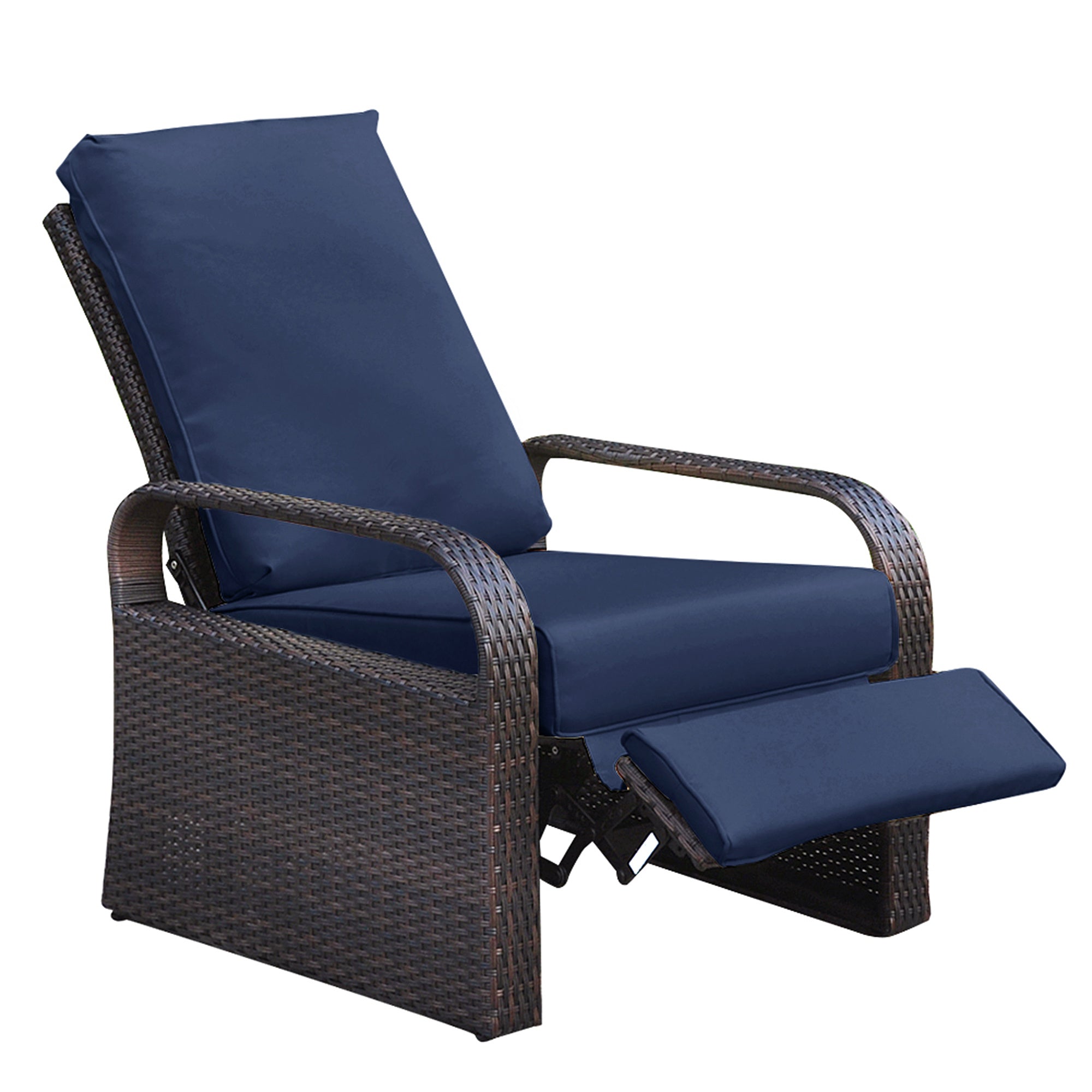 Outdoor Recliner, Automatic Adjustable Wicker Lounge Recliner Chair with Comfy Thicken Cushion, All Weather Aluminum Frame, Brown Wicker + Navy Blue Cushion
