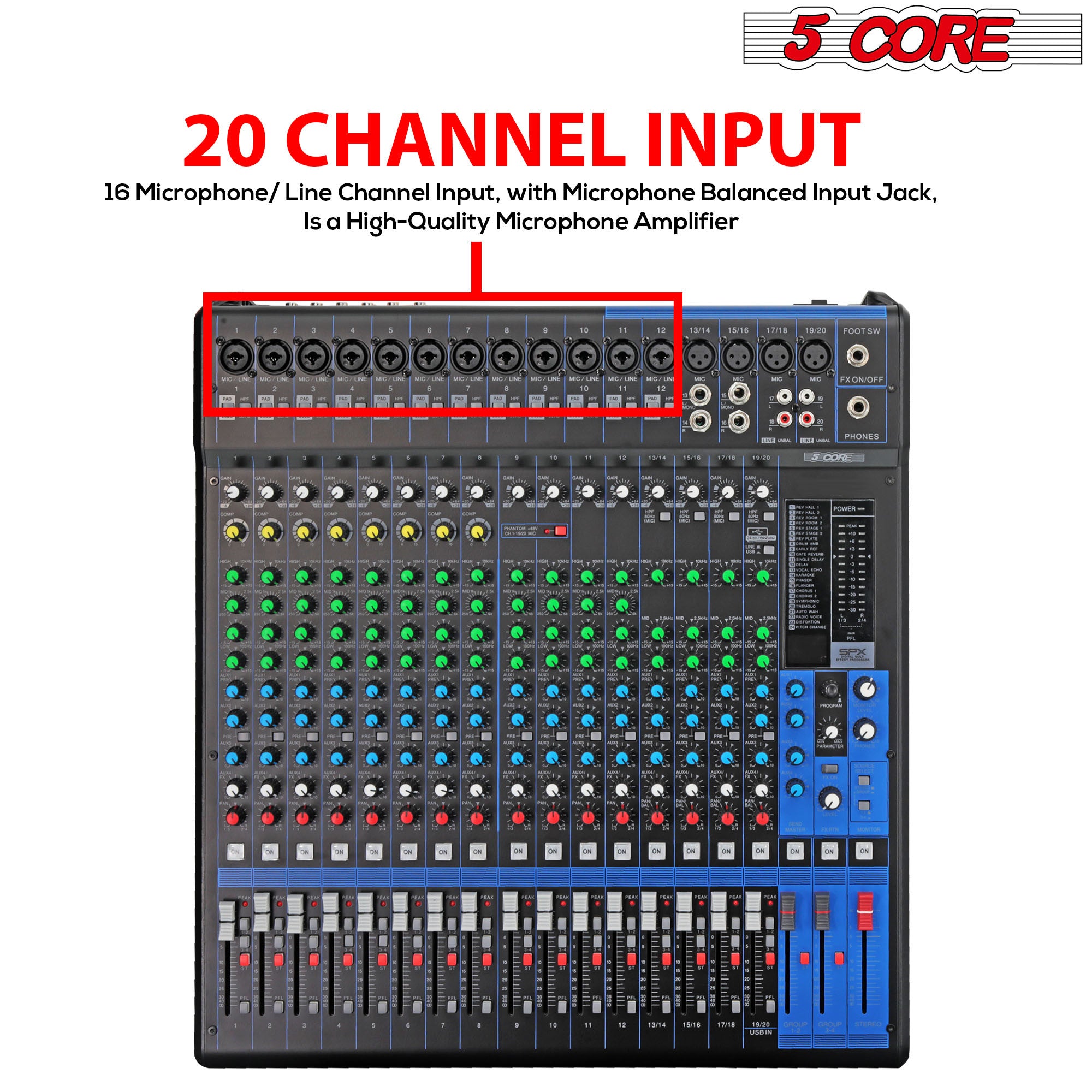 5 Core Audio Dj Mixer • 20 Channel Professional Stereo Sound Board Console • w 24 SPX Effect • USB • 48V Phantom Power for Studio Recording Podcasting