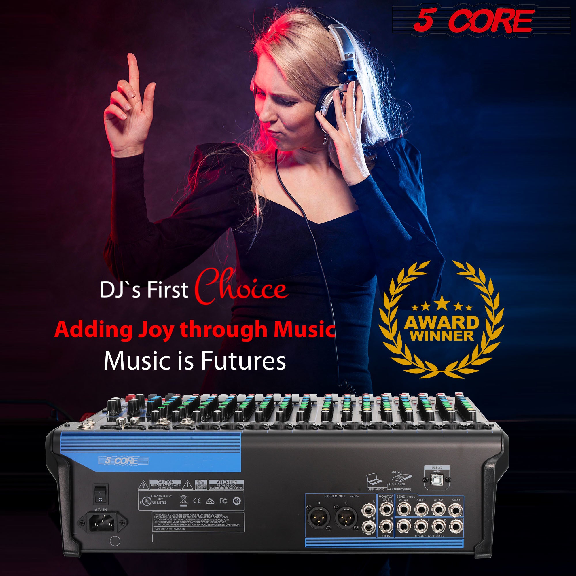 5 Core Audio Dj Mixer • 20 Channel Professional Stereo Sound Board Console • w 24 SPX Effect • USB • 48V Phantom Power for Studio Recording Podcasting