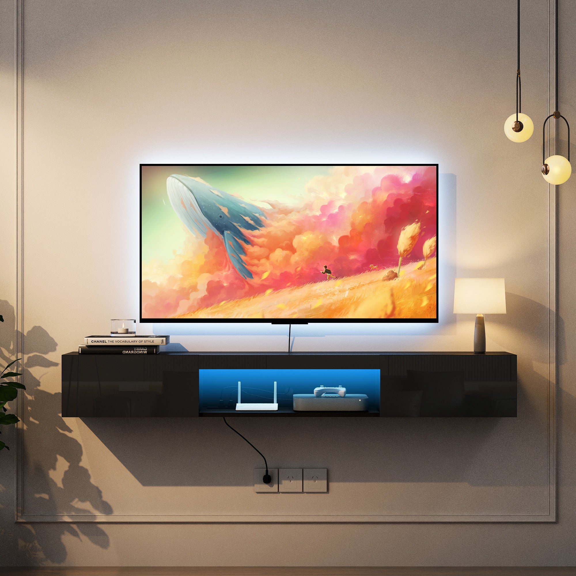 Wall Mounted Floating 65" TV Stand with 16 Color LEDs