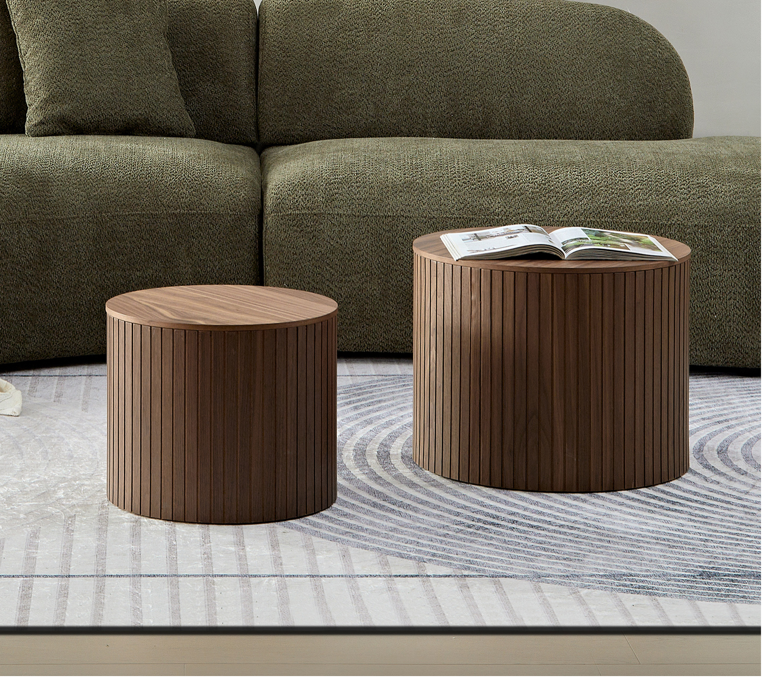 MDF nested table set 2 pieces, handcrafted round coffee table in living/lounge area, walnut color