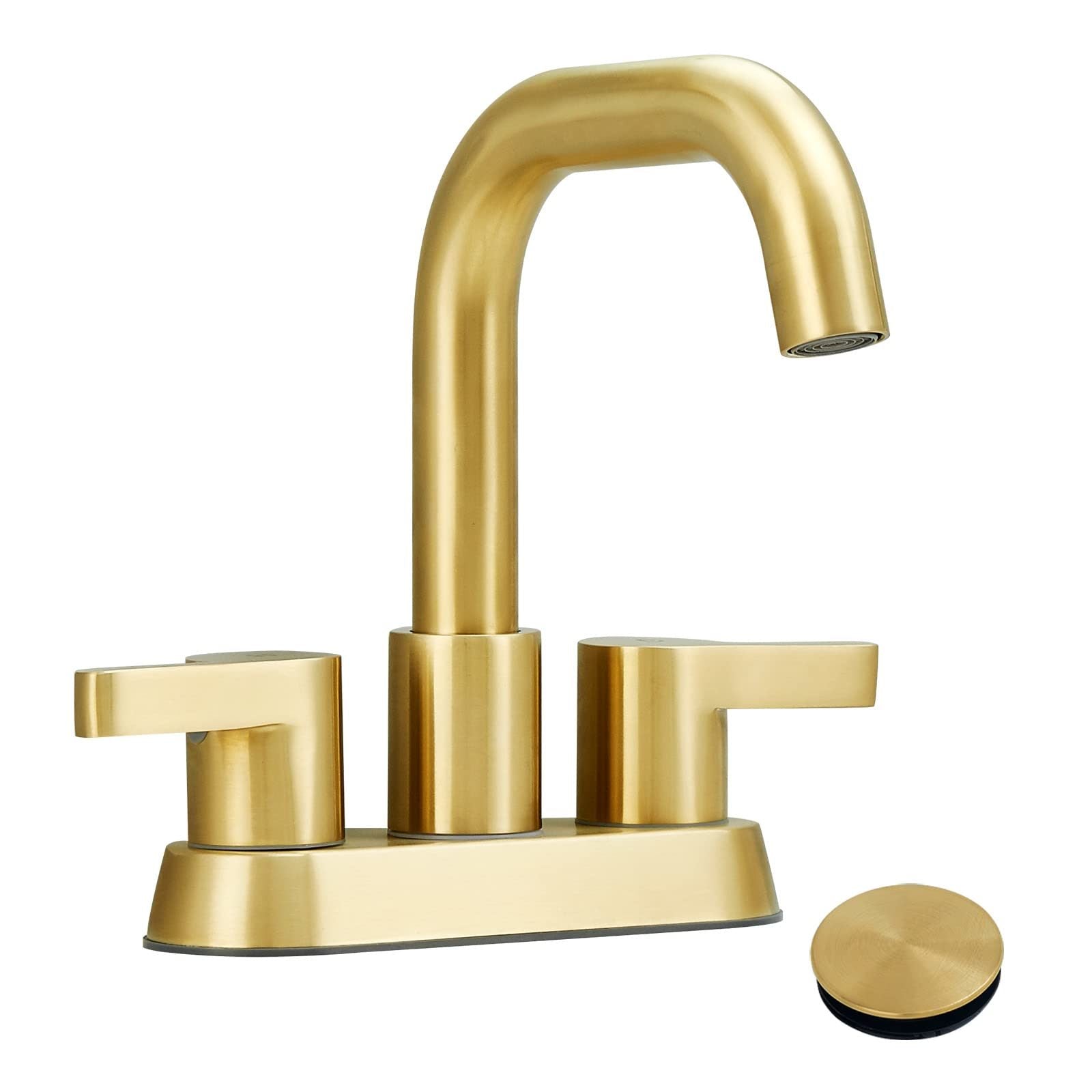 Bathroom Faucet 2 Handle 4 Inch Centerset Bathroom Sink Faucets 3 Hole with Pop Up Drain and Water Supply Lines, Brushed Gold