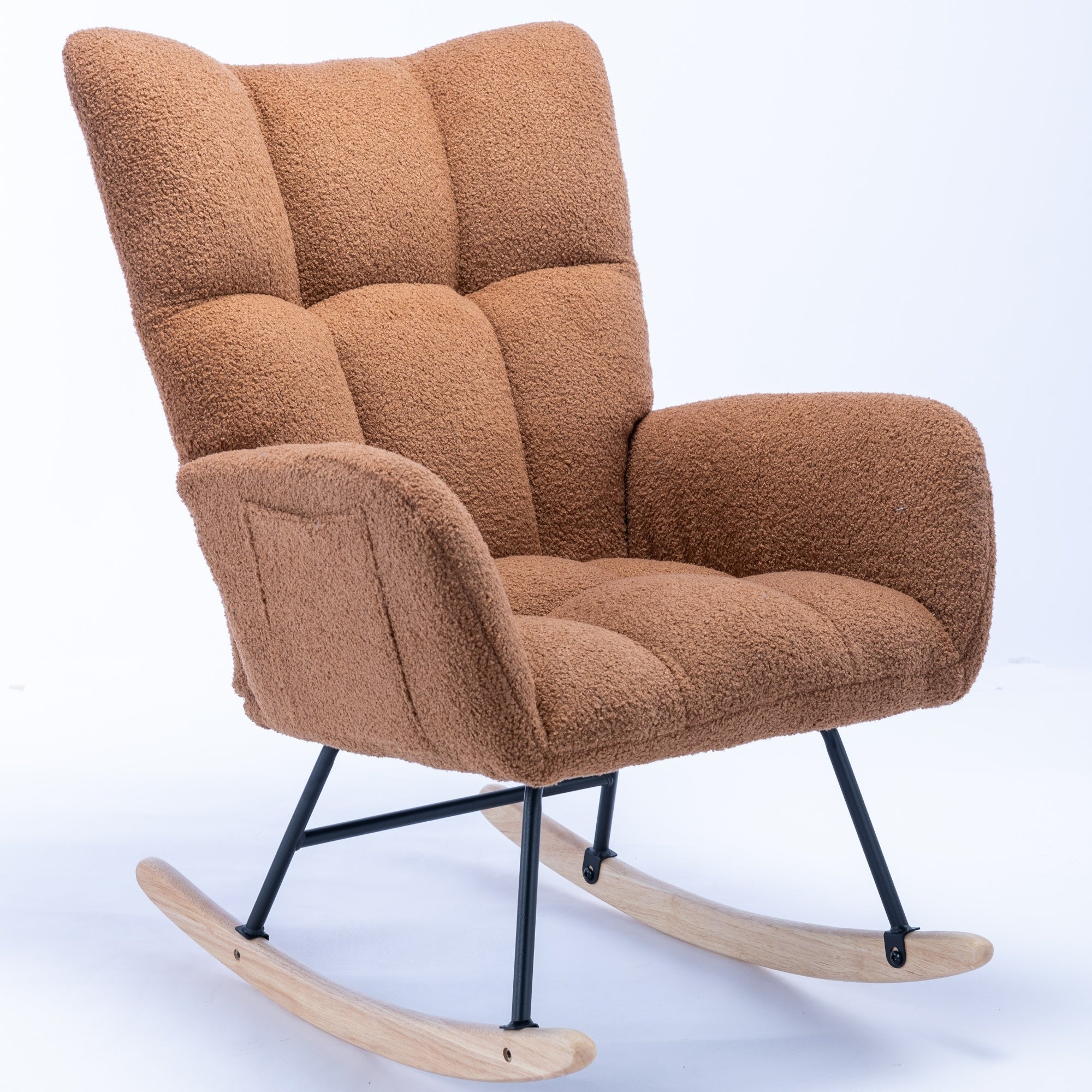 Rocking Chair with Pocket, Soft Teddy Fabric Rocking Chair for Nursery, Comfy Wingback Glider Rocker with Safe Solid Wood Base for Living Room Bedroom Balcony (brown)