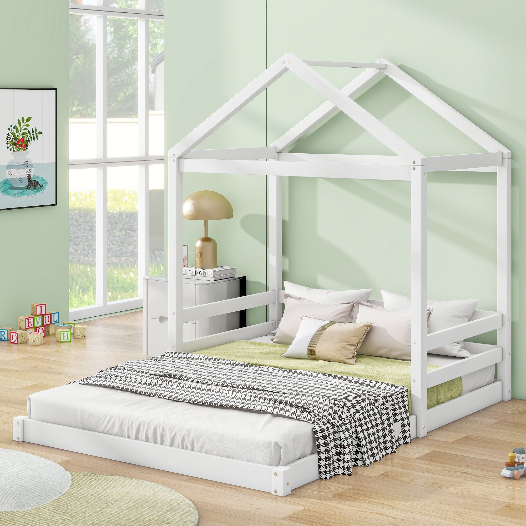 Wood Full Size House Bed with Guardrail, White