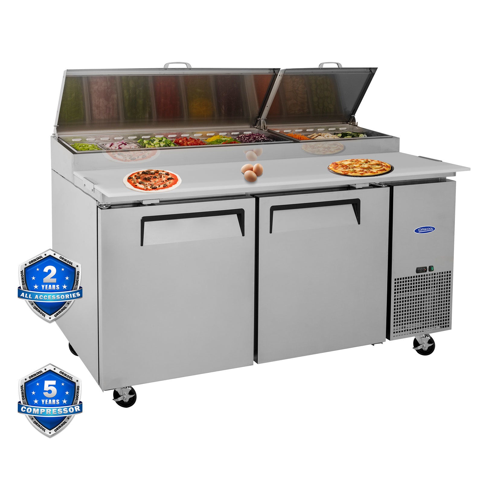 Orikool 67 IN Commercial Pizza Prep Table with a Built-in Refrigerator 20.3 Cu.Ft, Butcher Block Cutting Board, Protection Lid, Cold Storage, and Smooth-Rolling Casters, ETL Certified