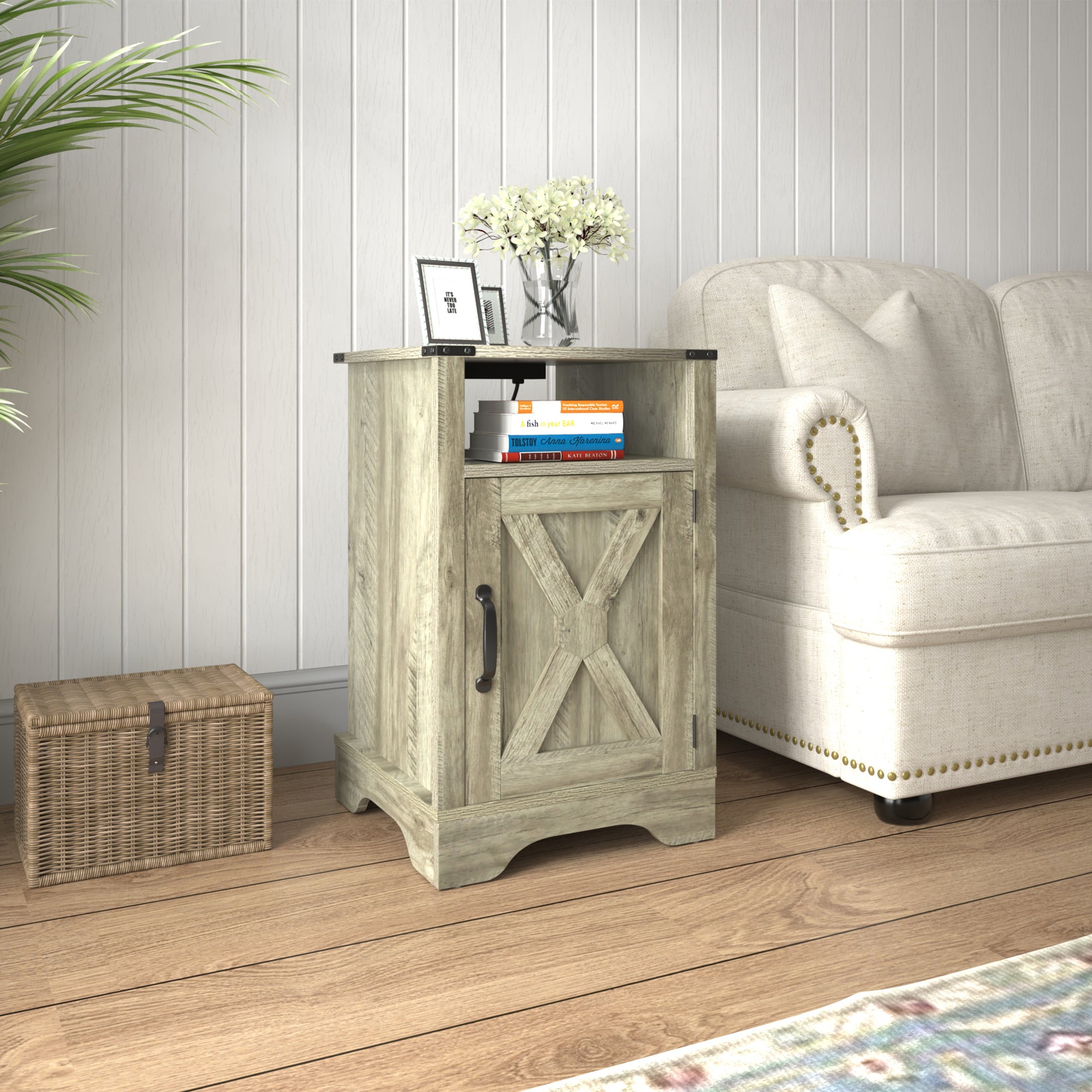 Farmhouse Nightstand Side Table, Wooden Rustic End Table, Tall Bedside Table with Electrical Outlets Charging Station - Light Grey