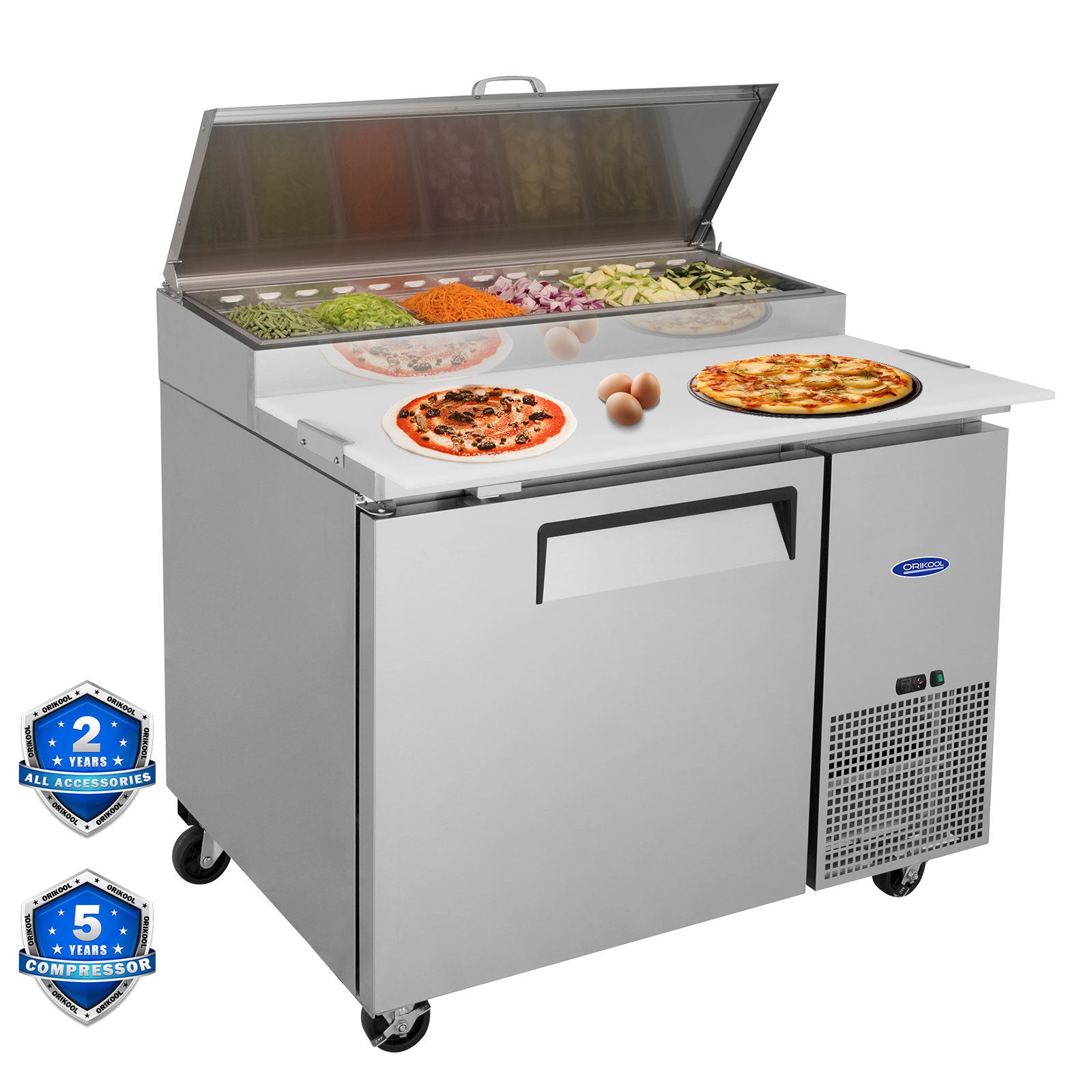 Orikool 44 IN Commercial Pizza Prep Table with a Built-in Refrigerator 11 Cu.Ft, Butcher Block Cutting Board, Protection Lid, Cold Storage, and Smooth-Rolling Casters, ETL Certified