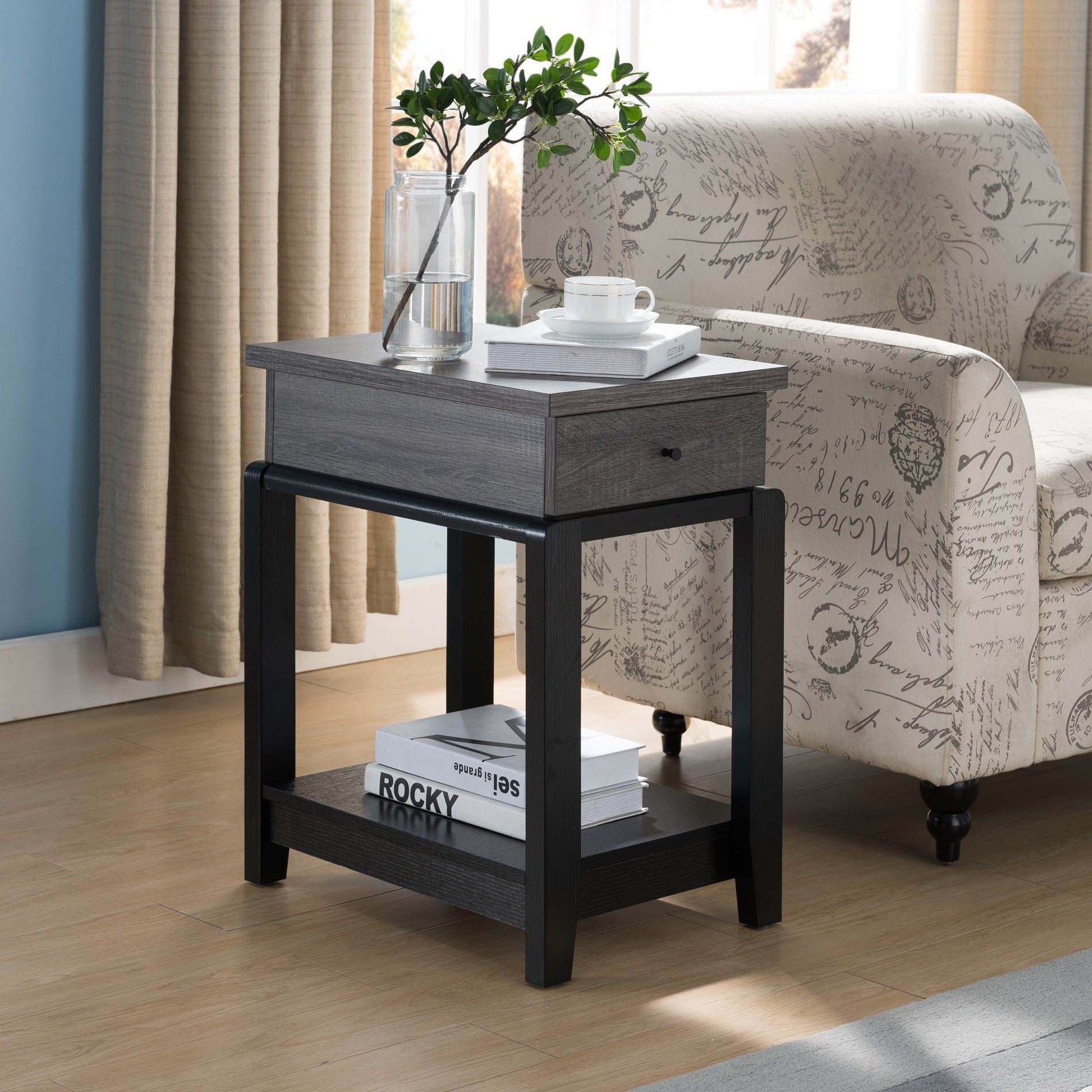 ID USA 161829 Chairside Table Distressed Grey & Black