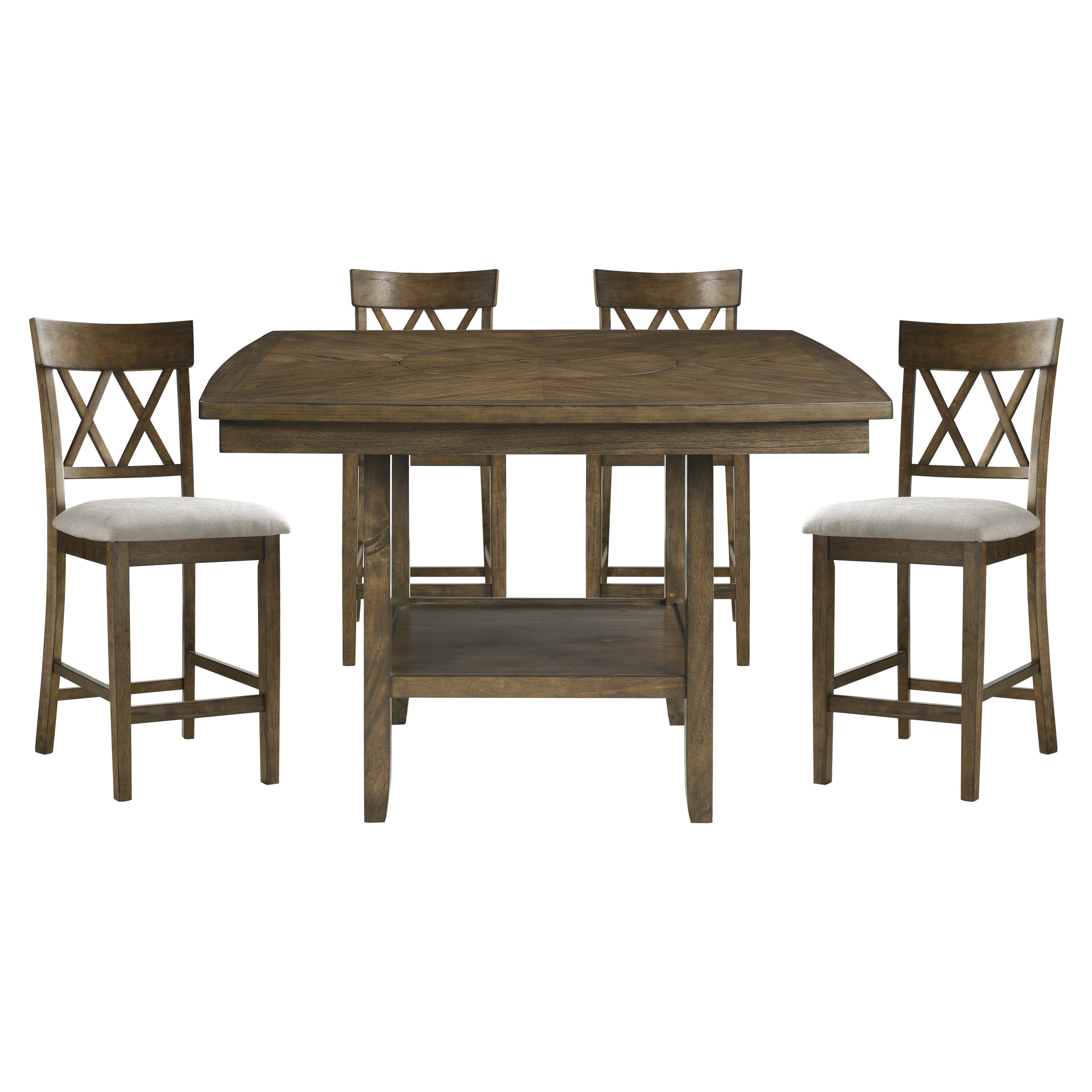 Contemporary 5pc Dining Set Counter Height Table and 4 Counter Height Chairs Functional Lazy Susan Shelf Table Light Oak Finish Wooden Kitchen Dining Furniture