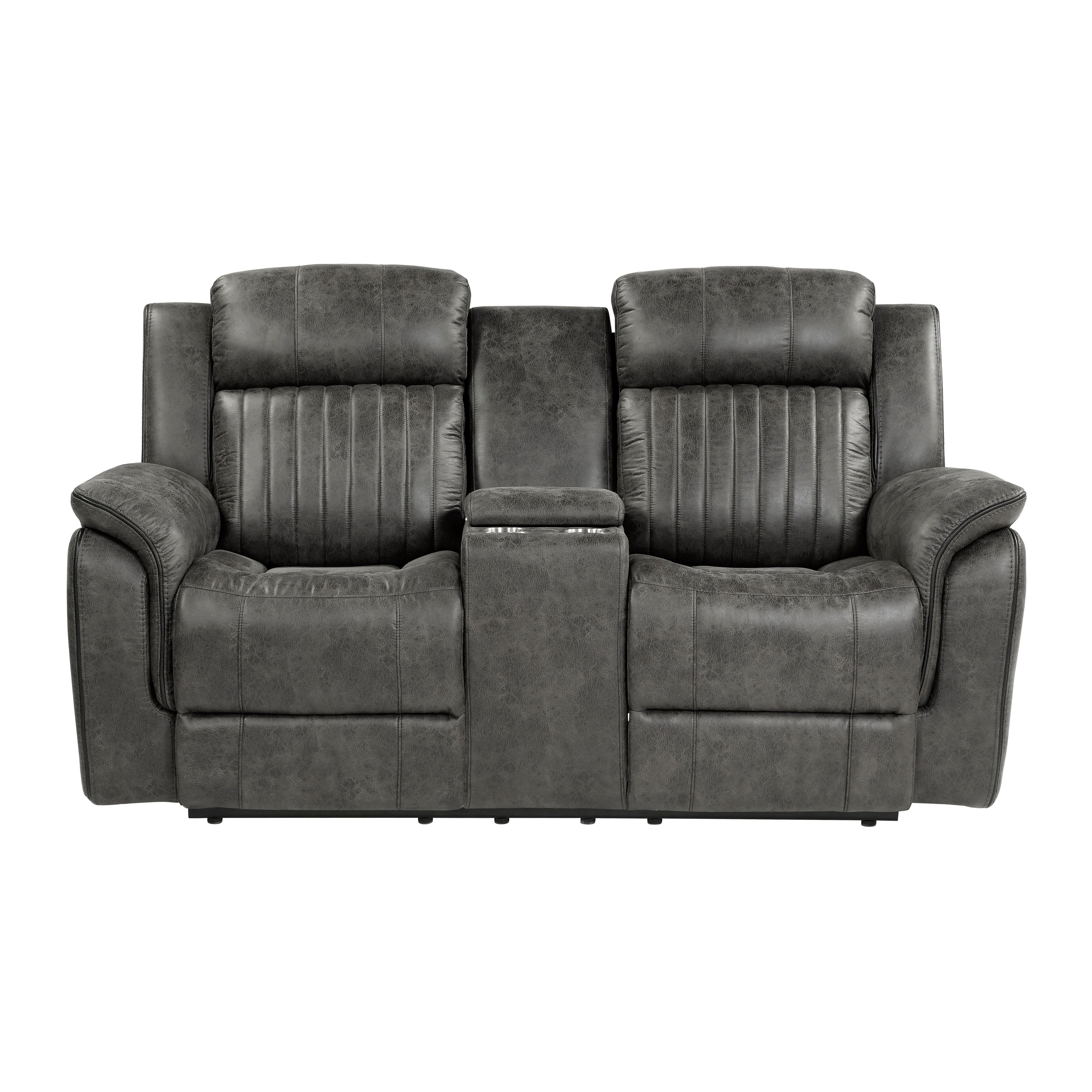 Classic Brownish Gray 1pc Double Reclining Loveseat with Storage Console Cupholder Plush Comfort Pillow-Top Arms Vertical Tufting Solid Wood Transitional Living Room Furniture