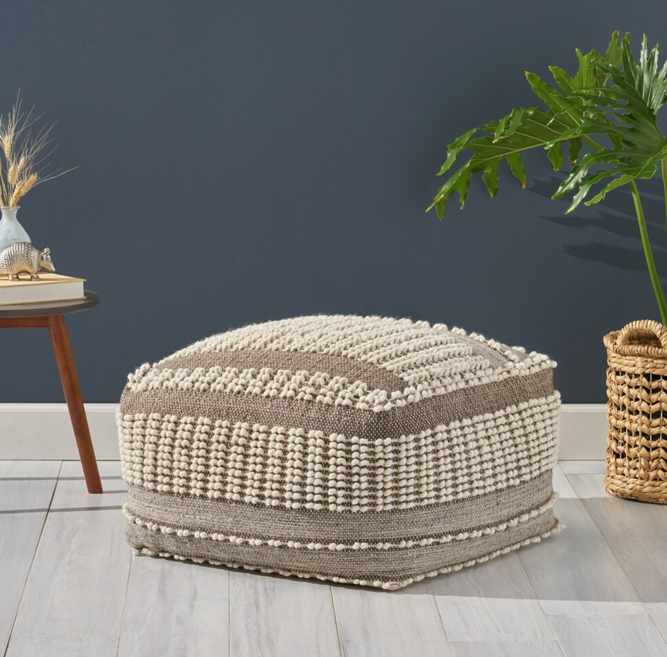 Rustic Wool and Cotton Large Pouf, Brown