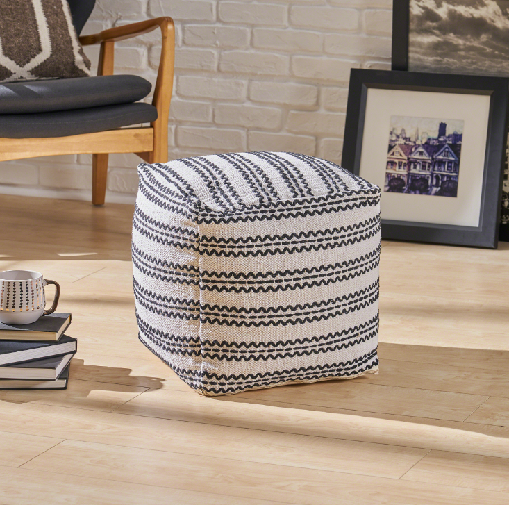 Lani Handcrafted Fabric Pouf, Natural with Black