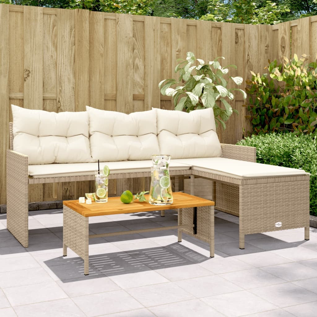 Patio Sofa with Table and Cushions L-Shaped Beige Poly Rattan