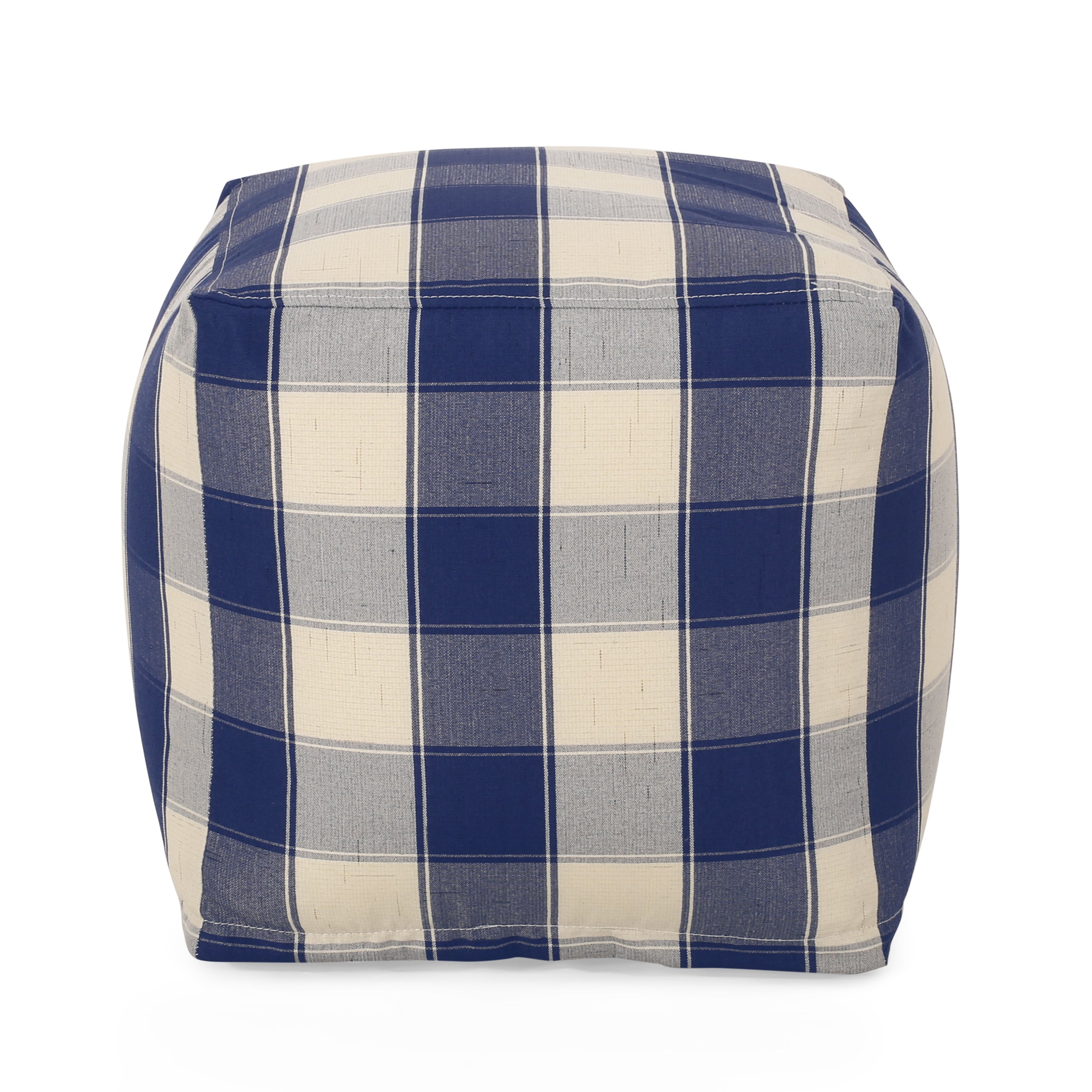 Connor Checkered Square Pouf, Ivory and Navy Blue