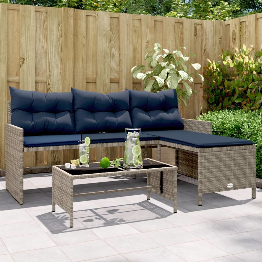 Patio Sofa with Table and Cushions L-Shaped Gray Poly Rattan