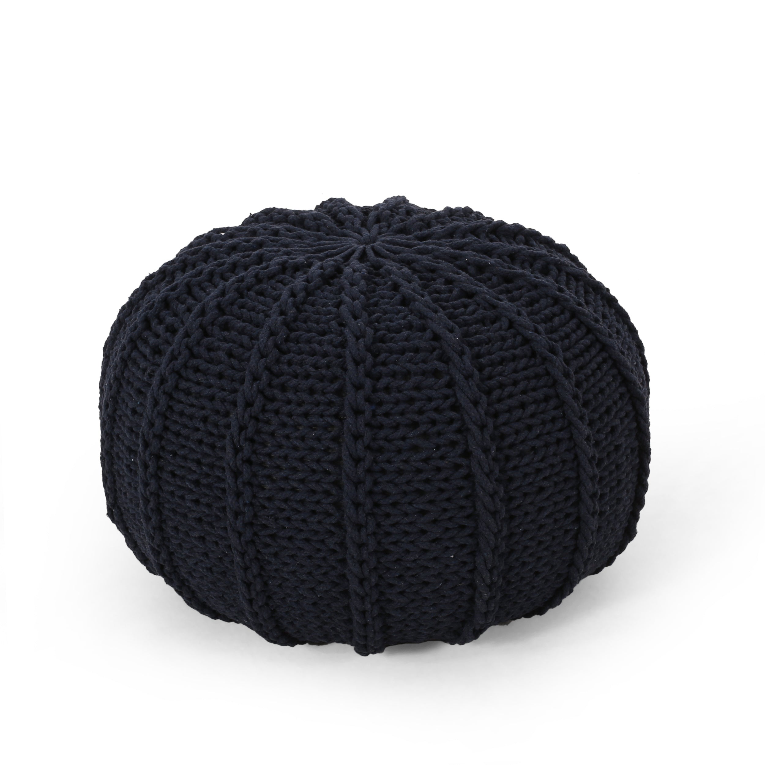 Bordeaux Knitted Cotton Round Pouf, Dark Blue