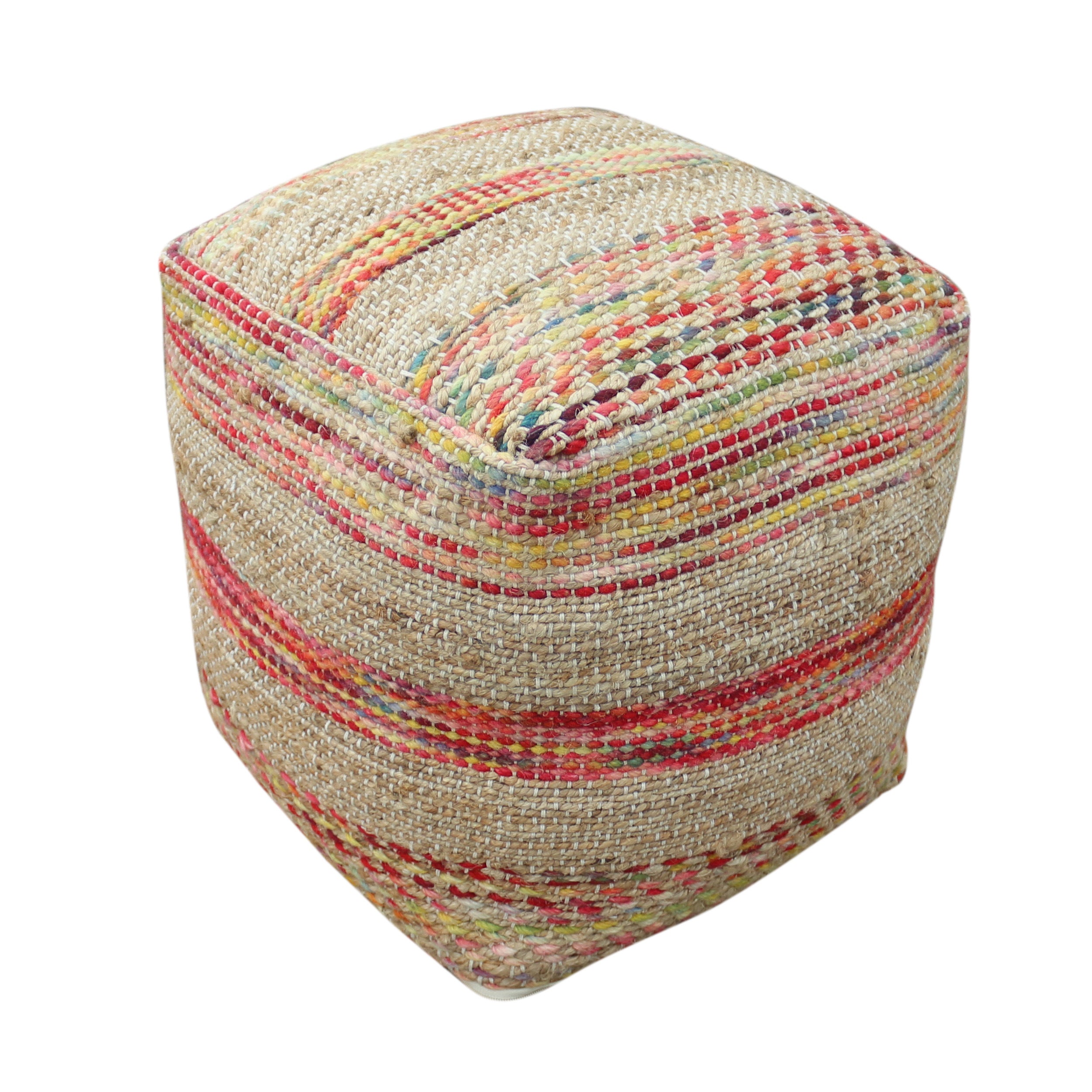 Western Handcrafted Fabric Pouf, Natural/Multi Colored