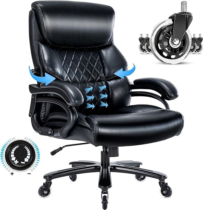 Big and Tall Office Chair 500 LBS-Executive Office Chair for Heavy People-Heavy Duty Office Chair with Sturdy Rollerblade Wheels-Desk Chair with Adjustable Lumbar Support Black Leather Chair