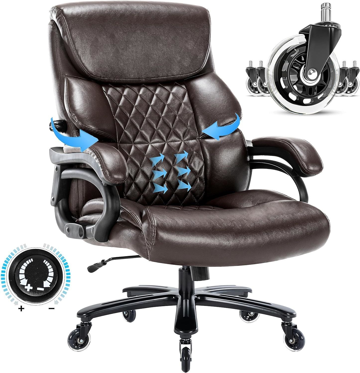 Big and Tall Office Chair 500LBS with Adjustable Lumbar Support Heavy Duty Office Chair with Rollerblade Wheels Executive Office Chair for Heavy People Ergonomic Office Chair Brown