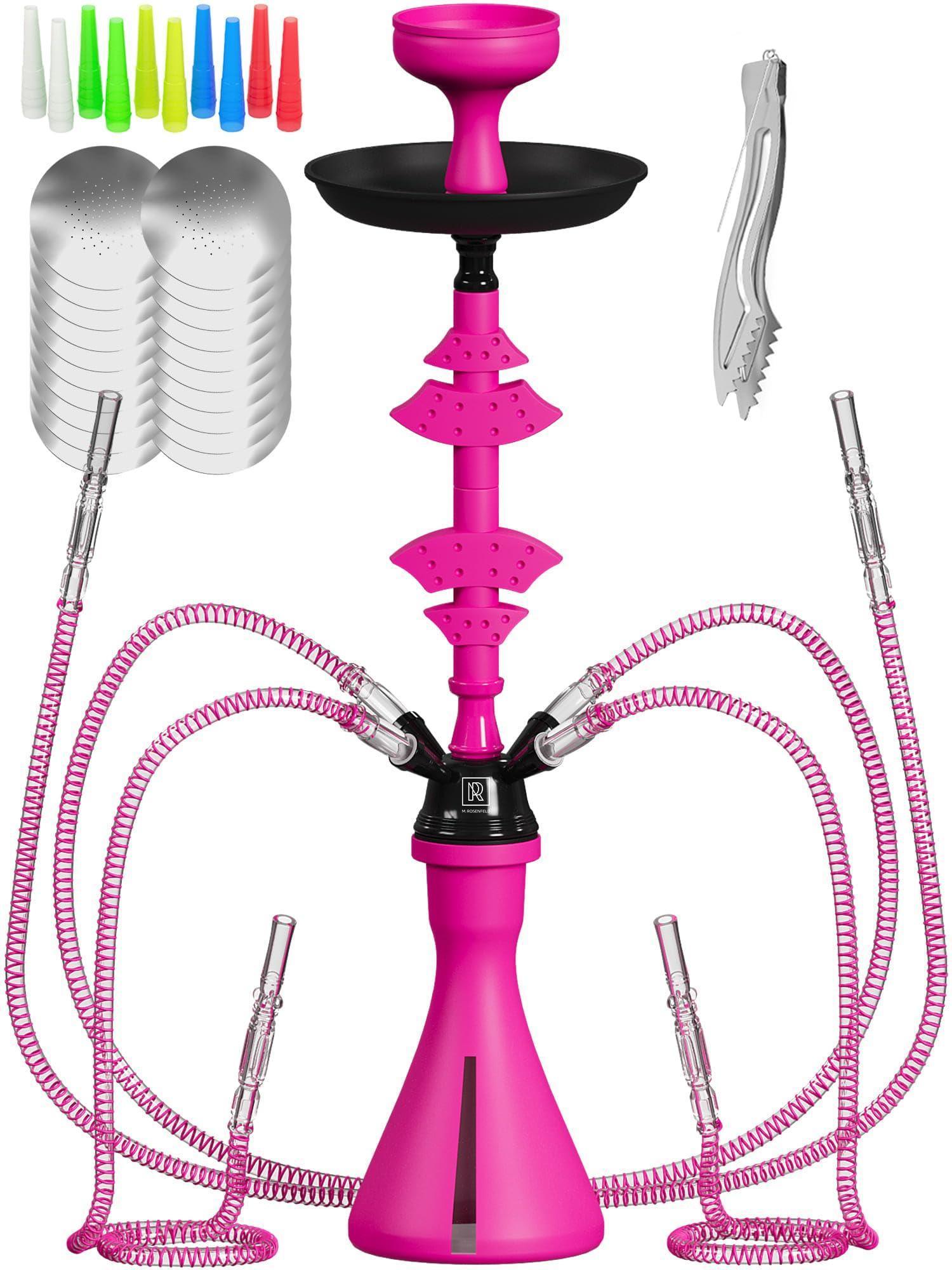 Hookah Set With Everything 4 Hose Pink Hookah with 50x Foil Big Silicone Bowl 10x Tips 4x Mouthpiece 4x Hookah Hose Tongs Hookah Kit