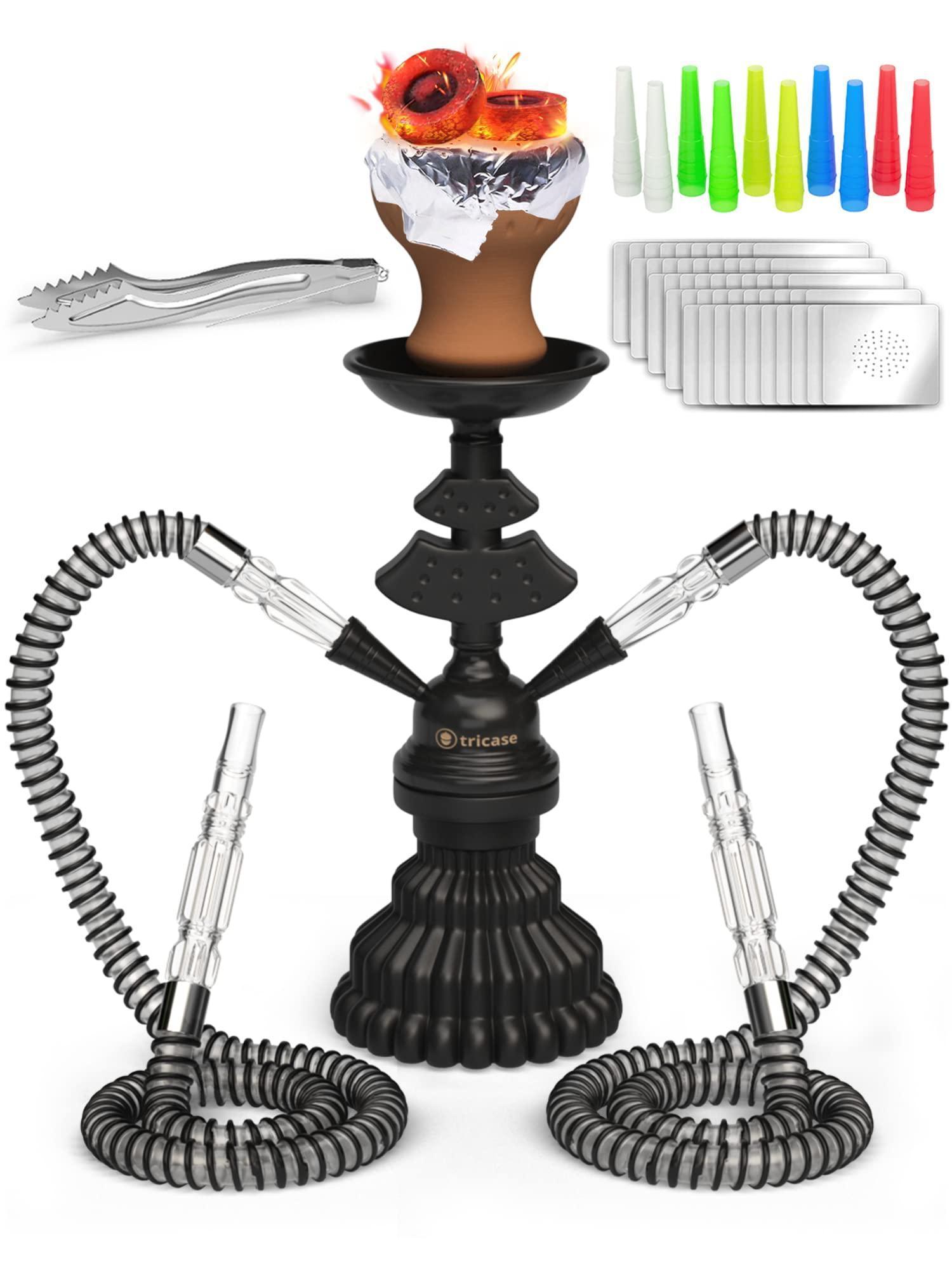 Hookah Set 2 Hose Hookah LilOne 12” Black Mini Hookah 2 Hose Hookah Set with 50x Foil Hookah Bowl 10x Tips 2x Mouthpiece 2x Hookah Hose Tongs Portable Hookah set with everything Hookah Kit