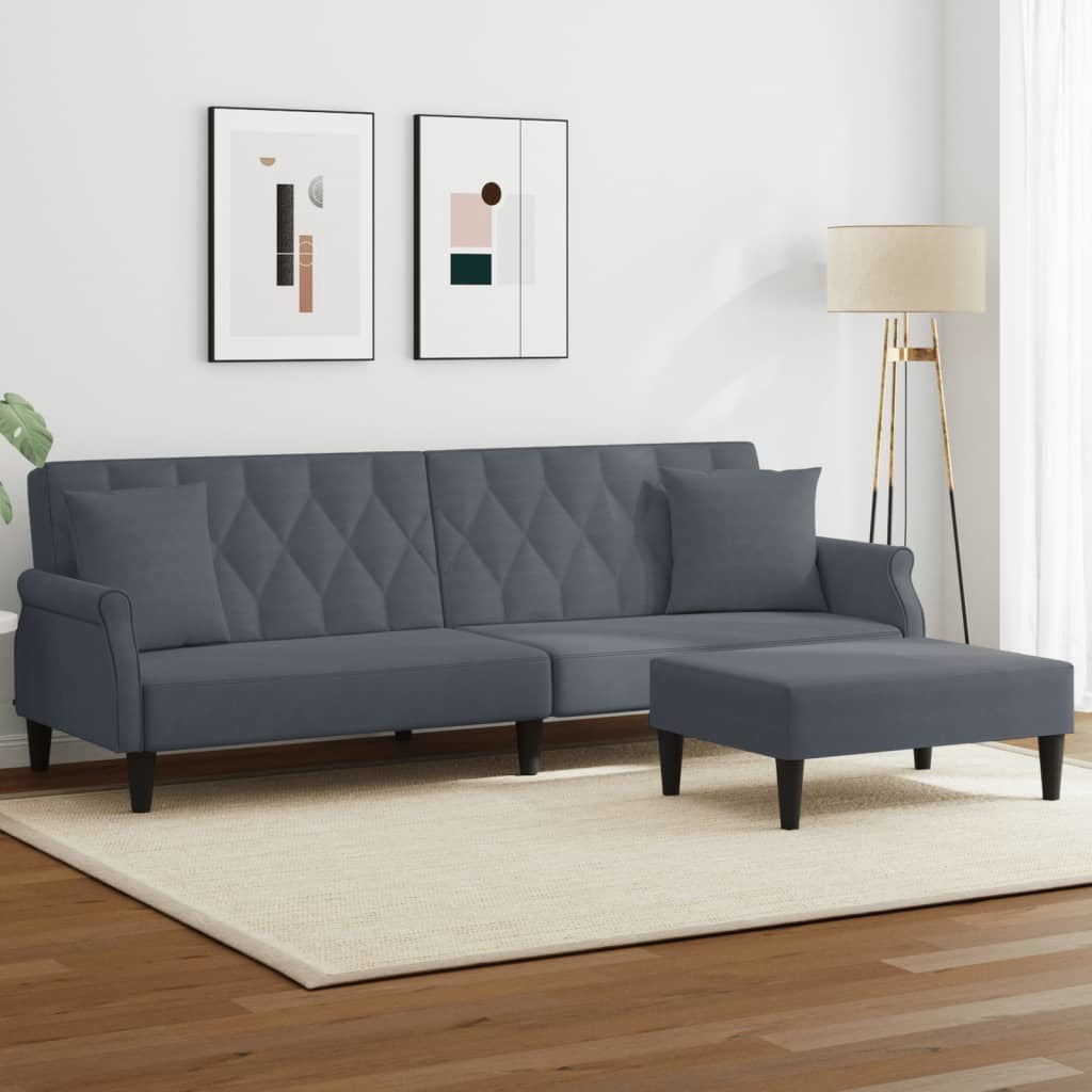 2-Seater Sofa Bed with Pillows and Footstool Dark Gray Velvet