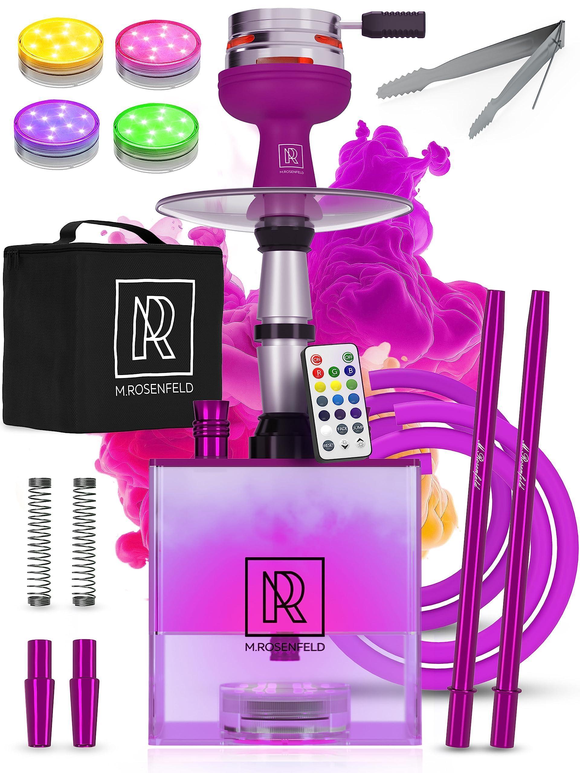 Purple Hookah 2 Hose Hookah Set Square Hookah To Go with Hookah Charcoal Holder Heat Management Device and Big Black Silicone Hookah Bowl and Bag for Shisha Portable Hookah Set with Everything