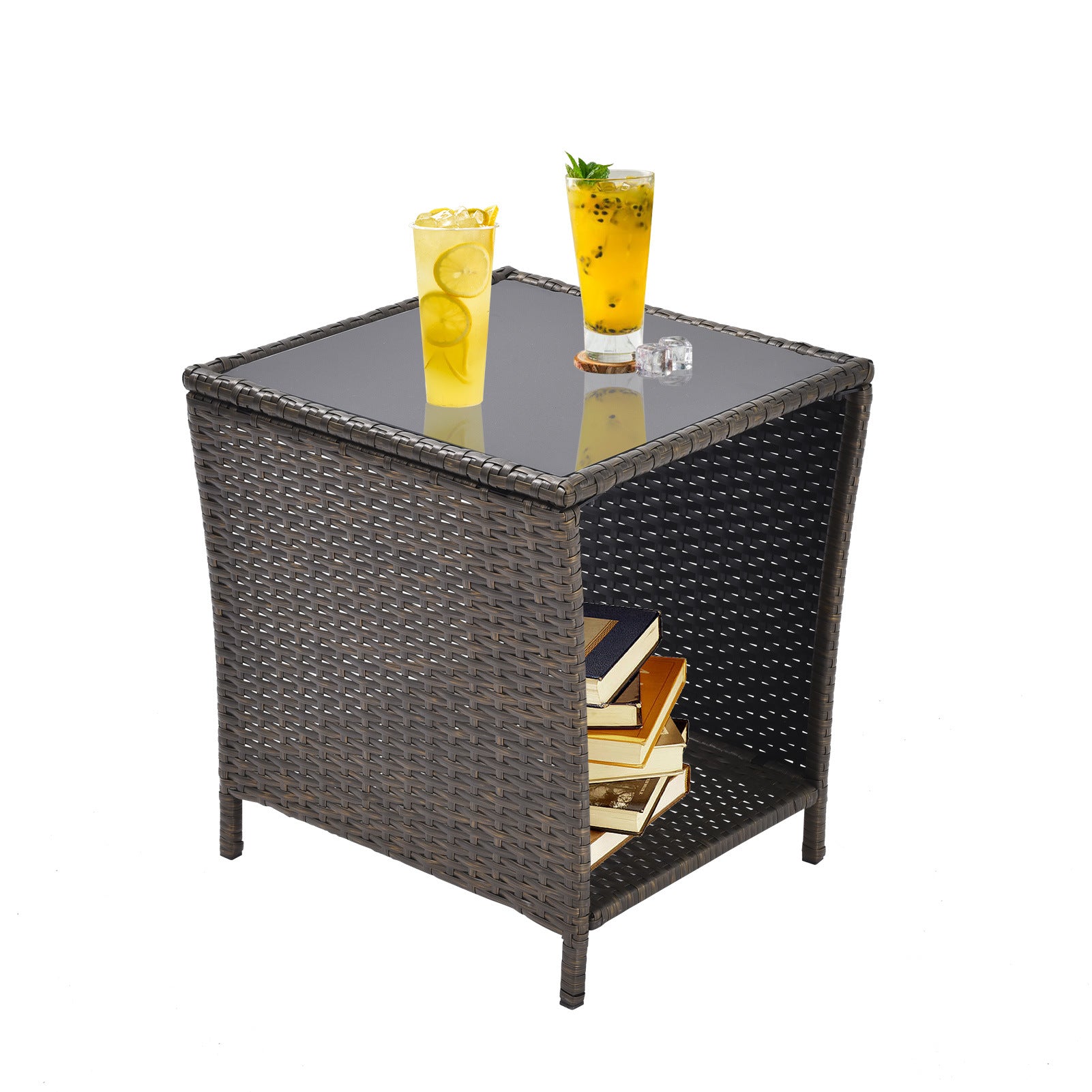 Outdoor Side Coffee Table with Storage Shelf,All Weather PE Rattan and Steel Frame,Patio Furniture Square,Bistro Table for Garden Porch,Backyard Pool 