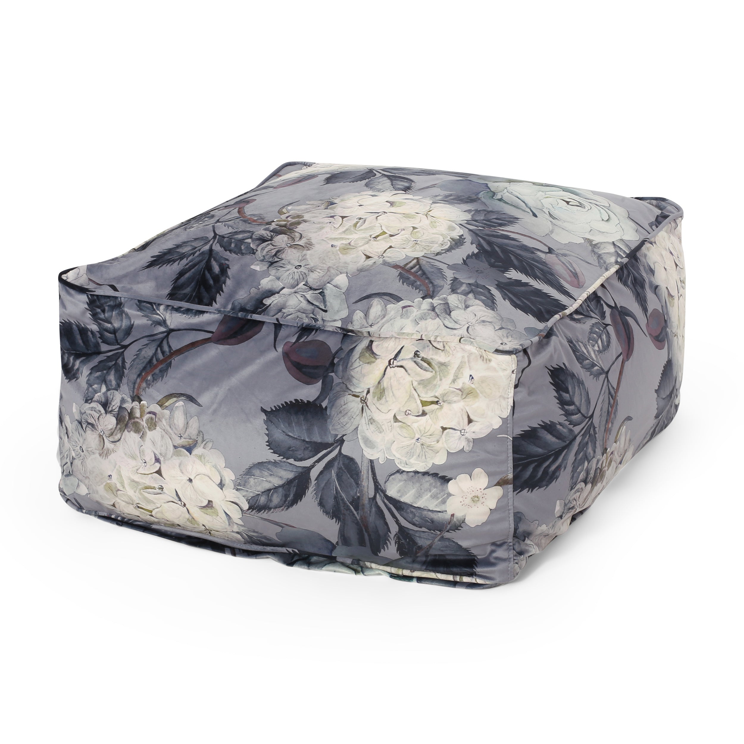 Hazel Large Square Pouf, Flower Print on Gray