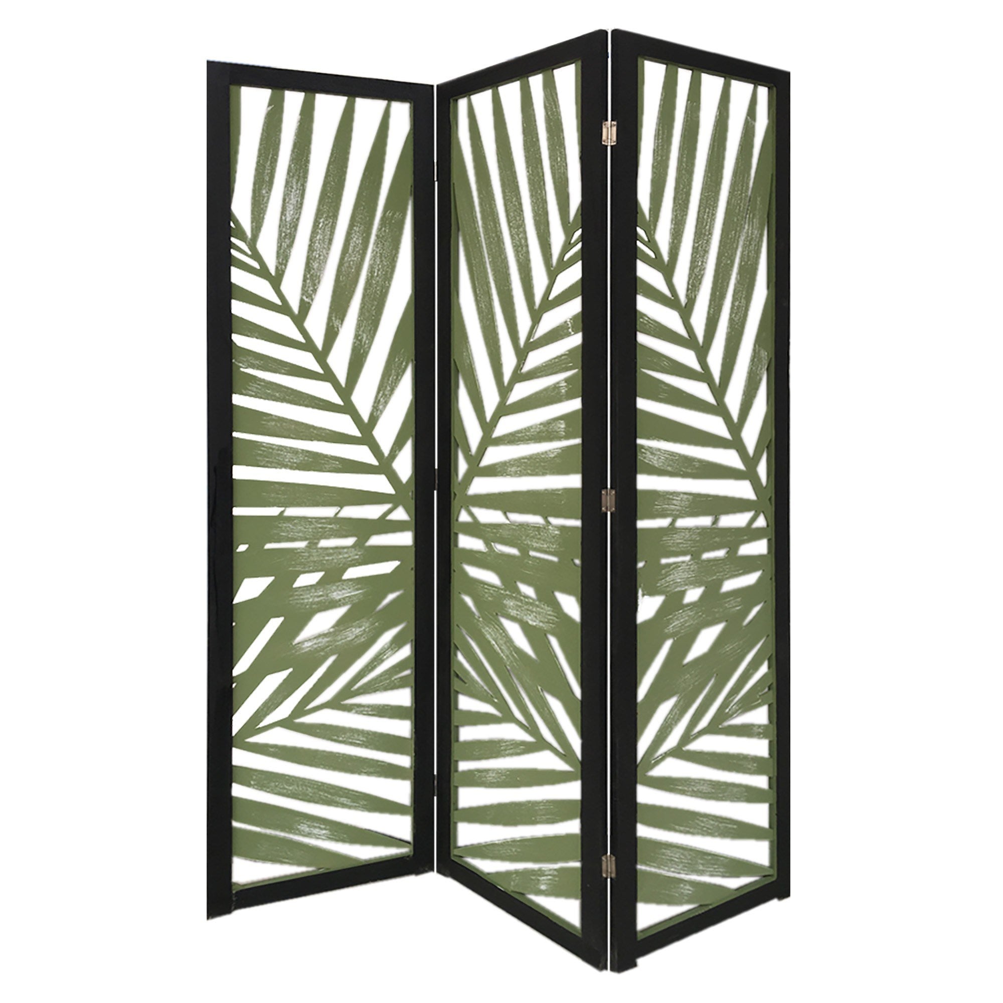 67 Inch 3 Panel Wood Screen with Leaf Design, Green and Black