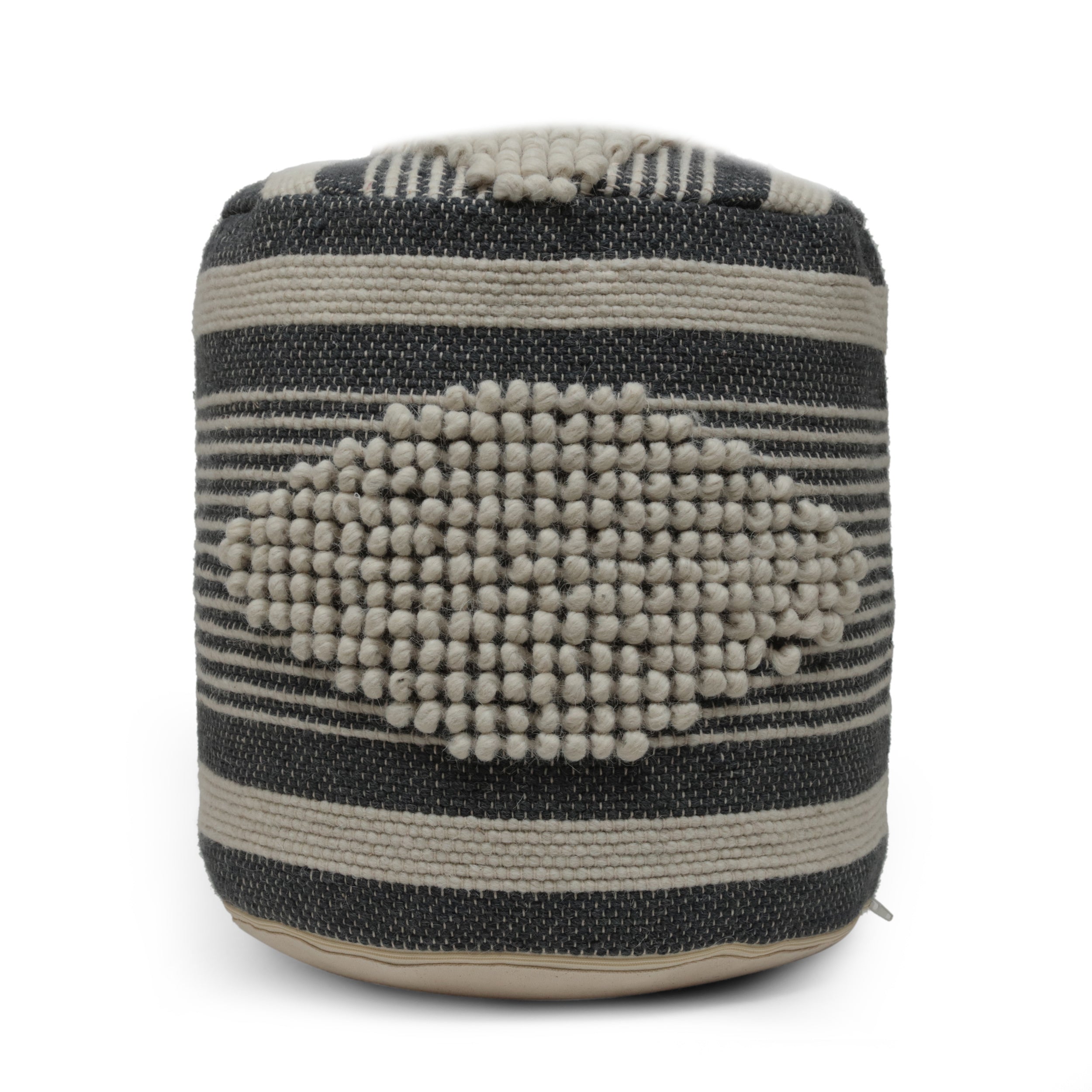 Diamond Handcrafted Fabric Cylindrical Pouf, Beige and Dark Grey