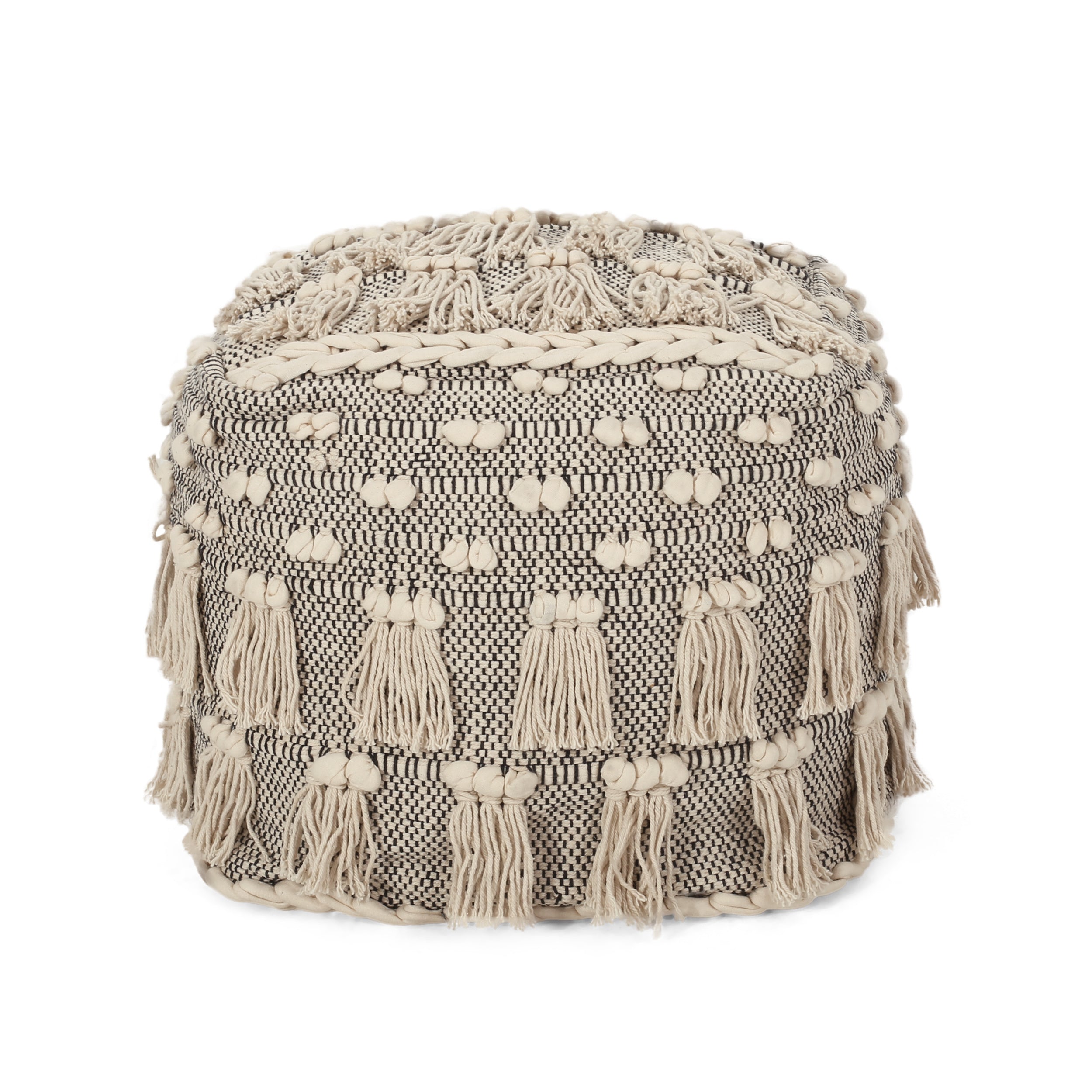 Angelic Handcrafted Fabric Pouf with Tassels, Ivory