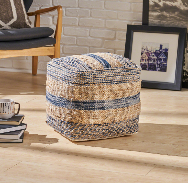 Western Handcrafted Fabric Pouf, Natural Blue