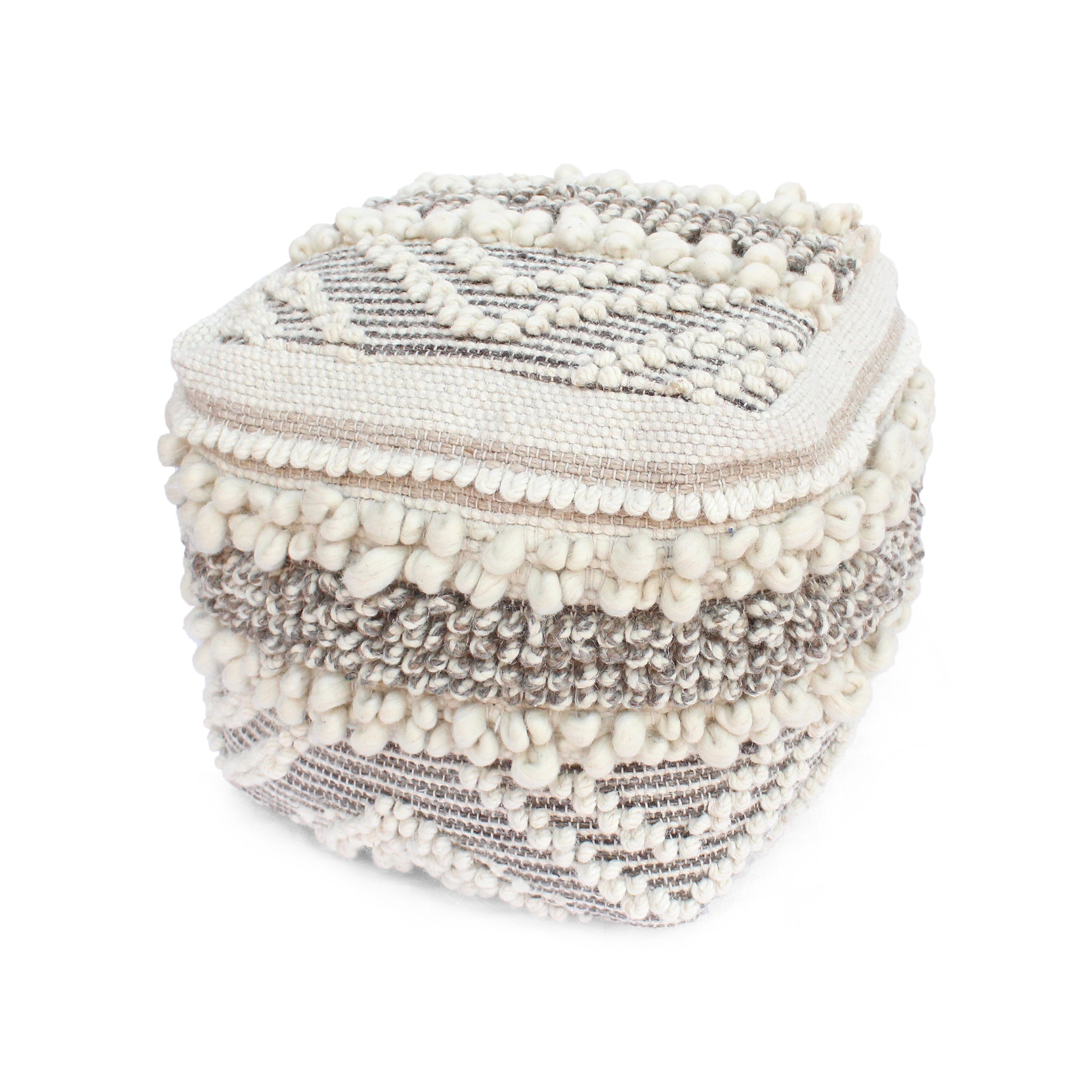 Tachi Wool and Cotton Square Pouf, Natural and White