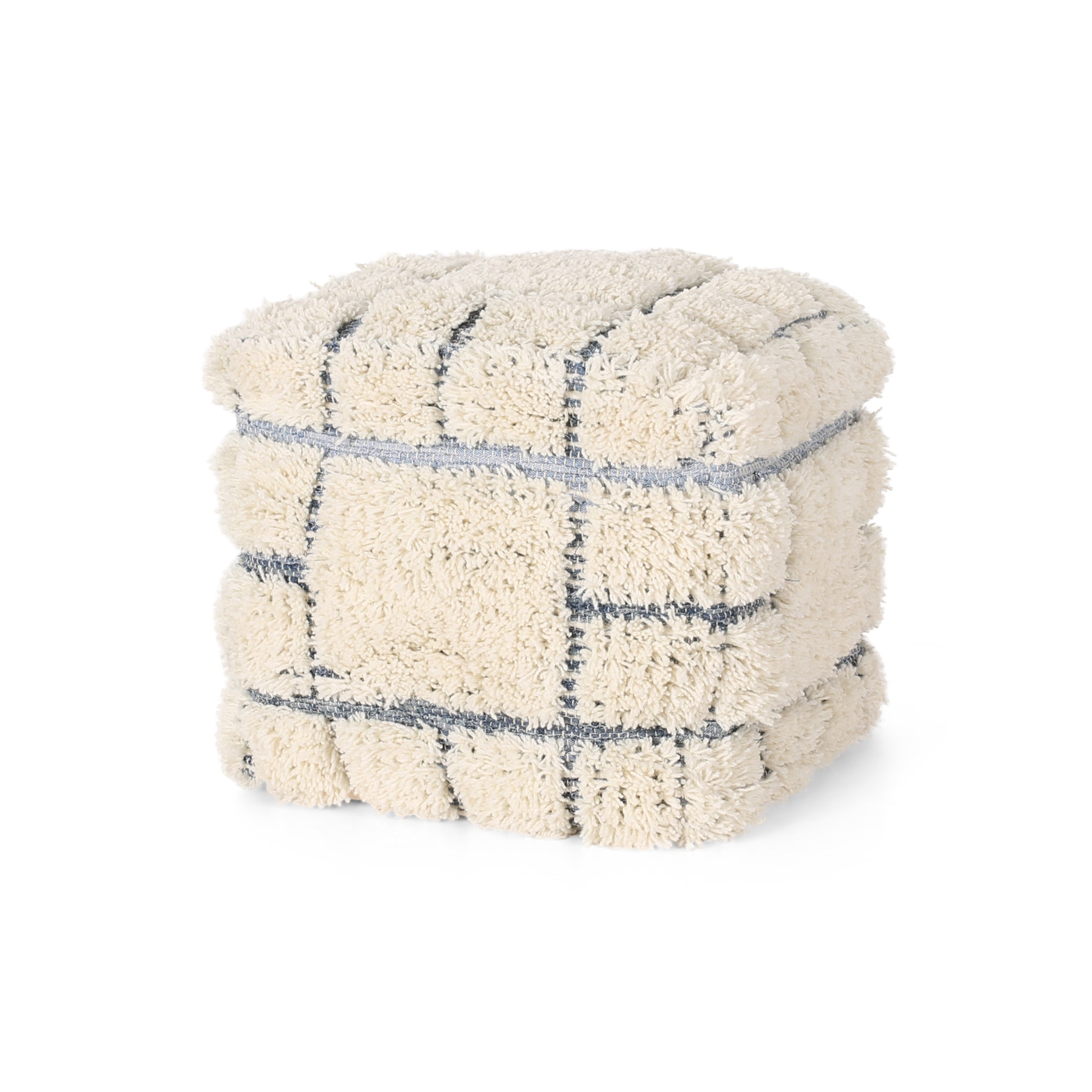 Softangel Wool and Denim Square Pouf, White and Blue