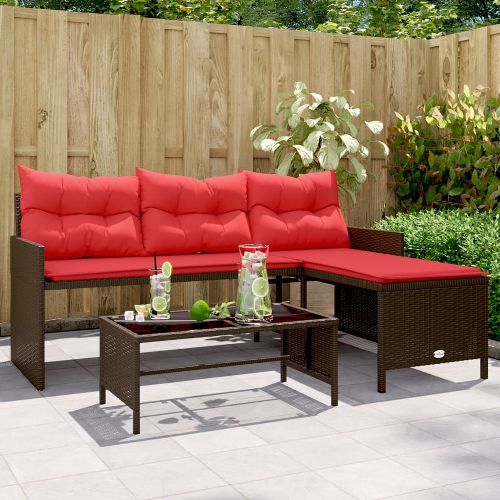 Patio Sofa with Table and Cushions L-Shaped Brown Poly Rattan