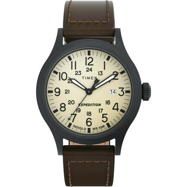 Timex Men's Expedition Scout 40mm Watch – Cream Dial Black Case & Brown Leather Strap