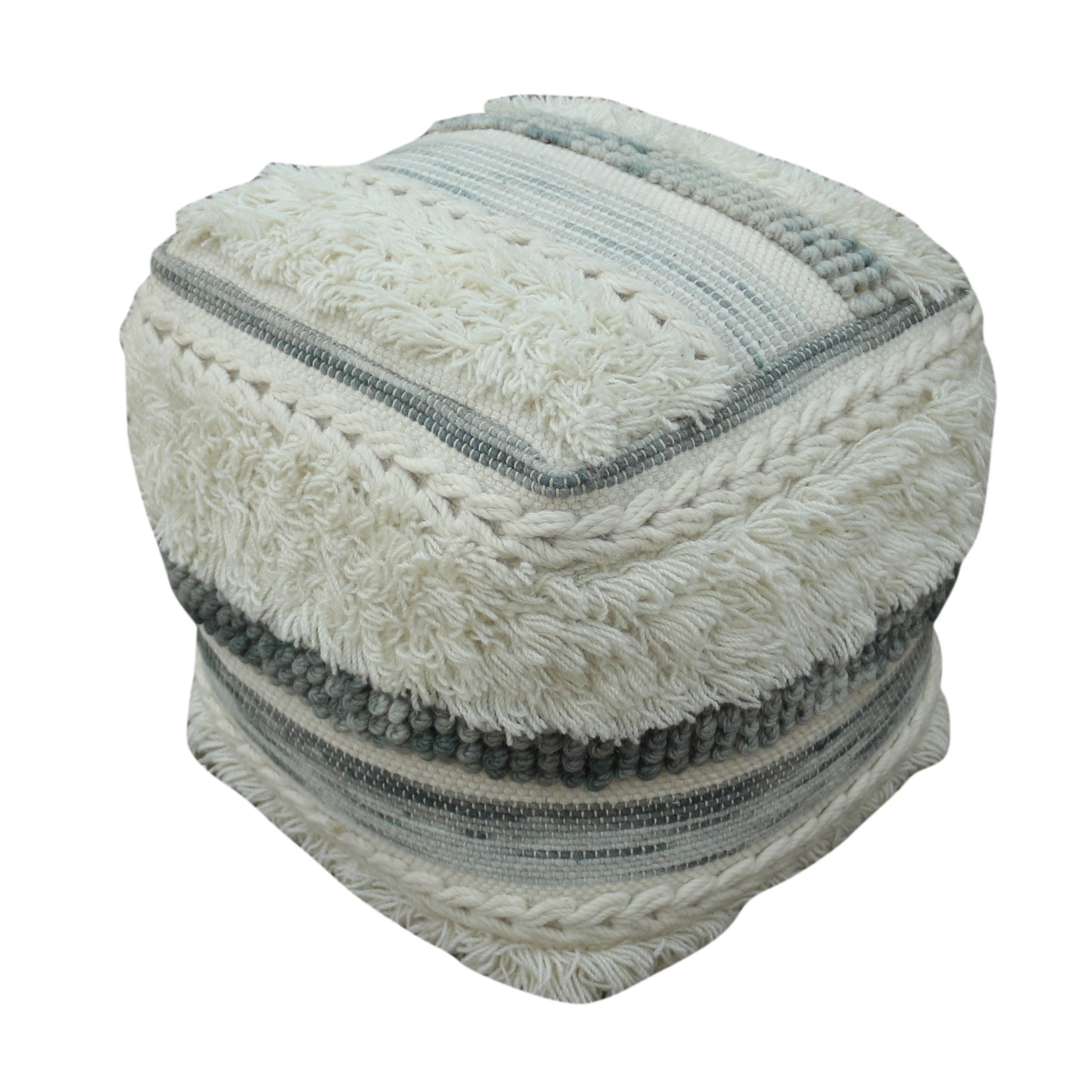 Chris Handcrafted Fabric Square Pouf, Ivory and Grey