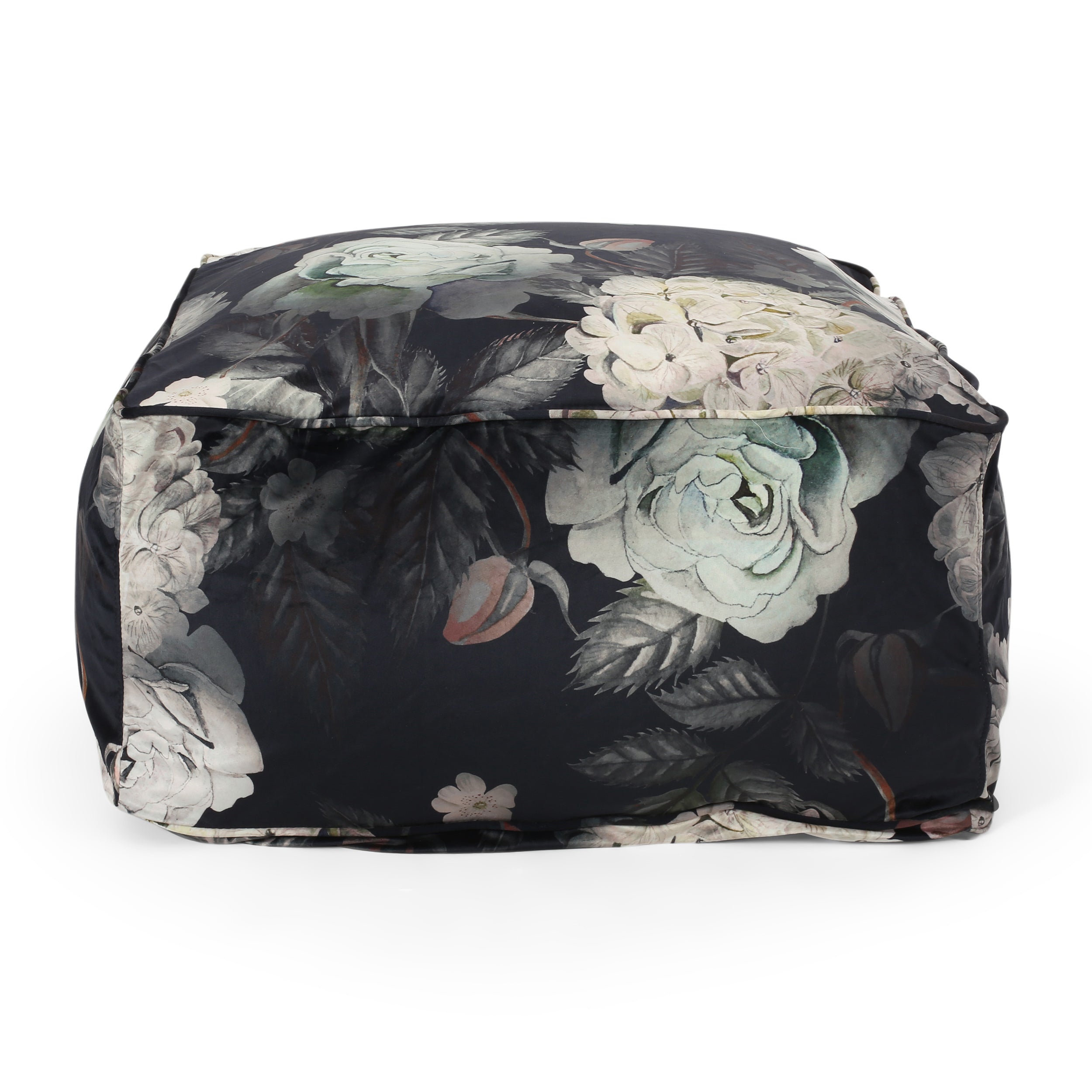 Hazel Large Square Pouf, Flower Print on Black