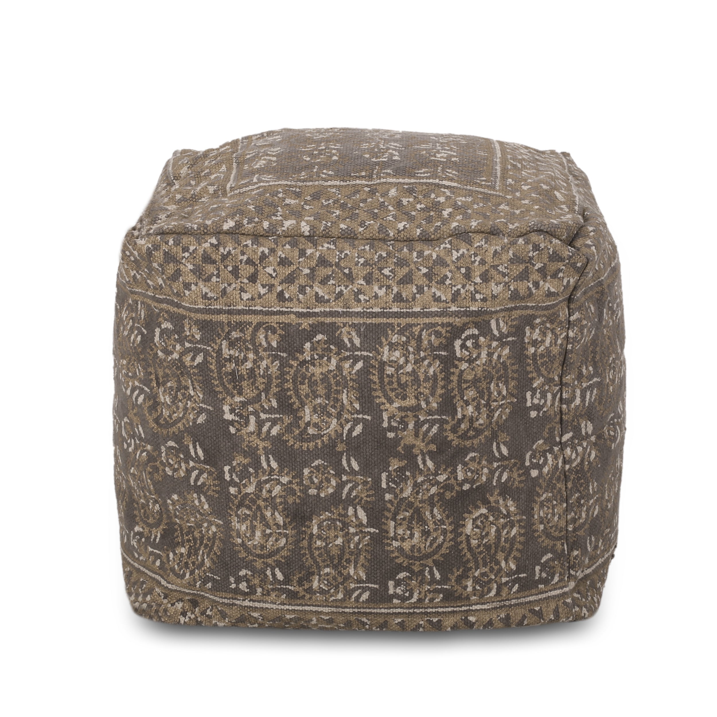 Ceasar Handcrafted Square Pouf, Taupe and Gold