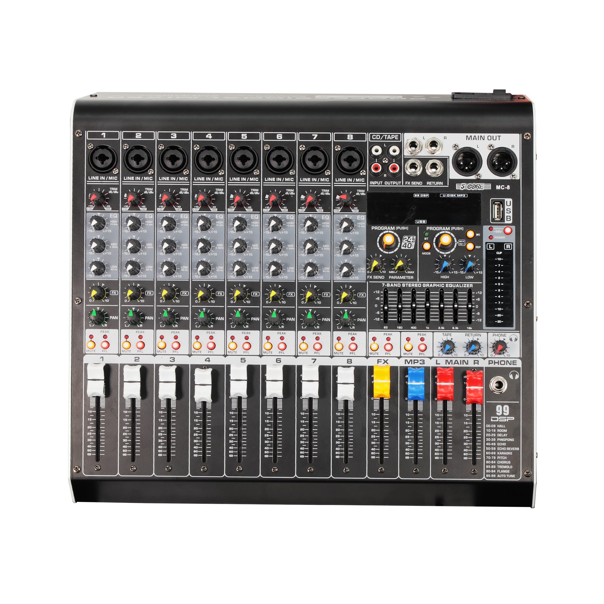 5 Core Audio Mixer 8 Channel DJ Controller Professional Sound Board Bluetooth USB 48V - MX 8 CH L