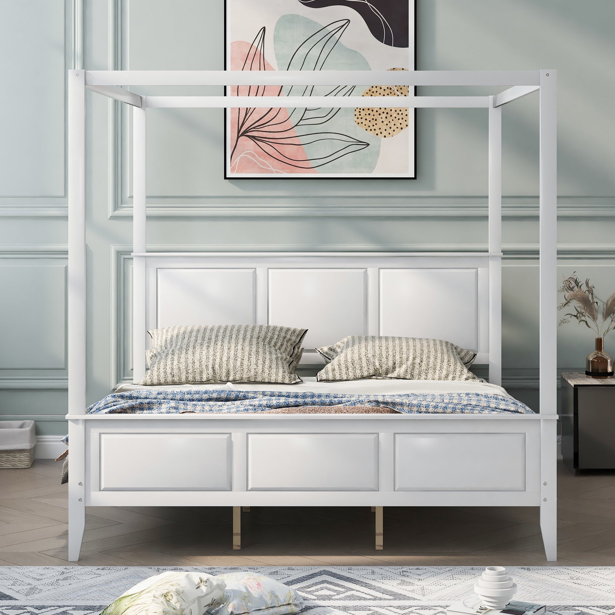 King Size Canopy Platform Bed with Headboard and Footboard,With Slat Support Leg,White