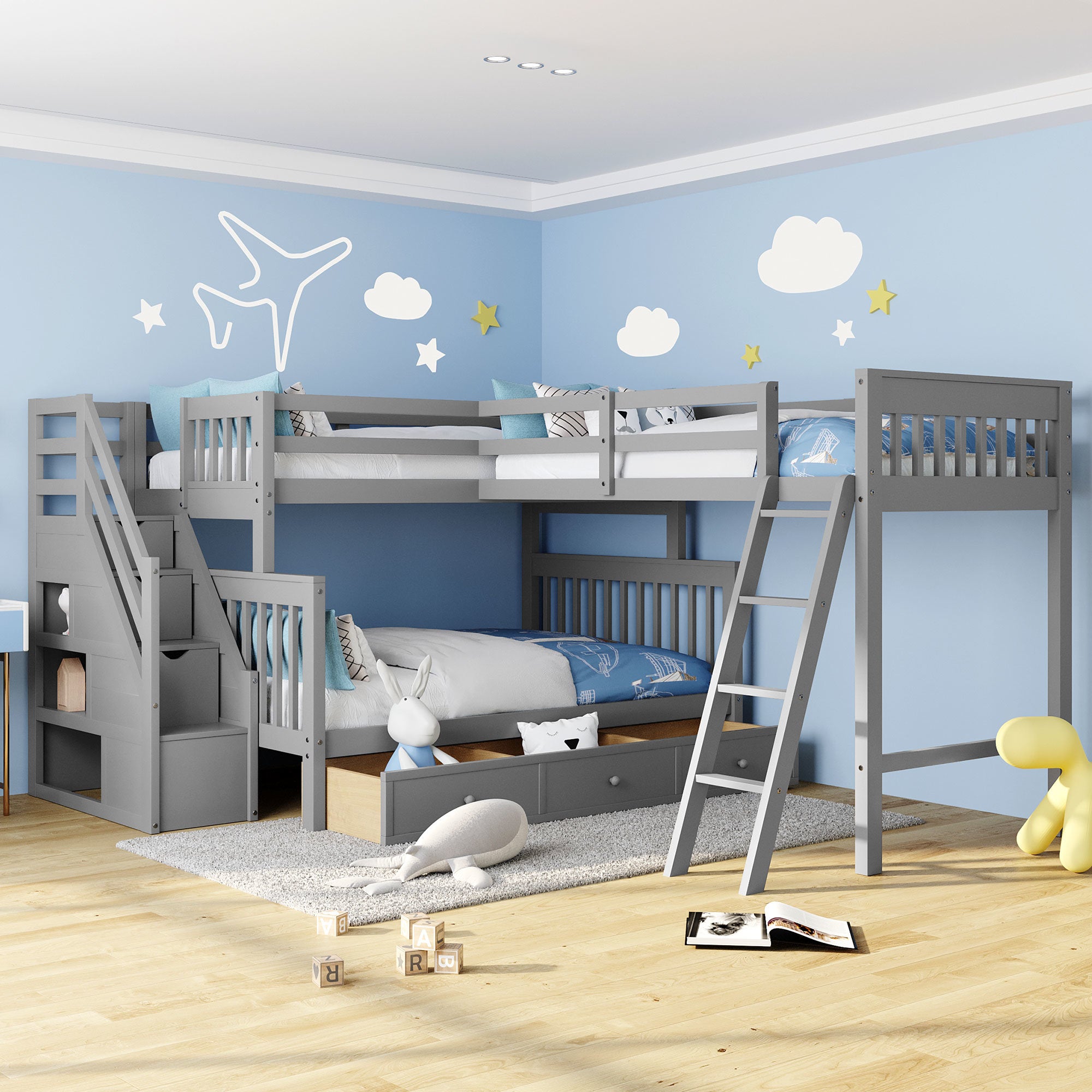 Twin over Full L-Shaped Bunk Bed With 3 Drawers, Ladder and Staircase