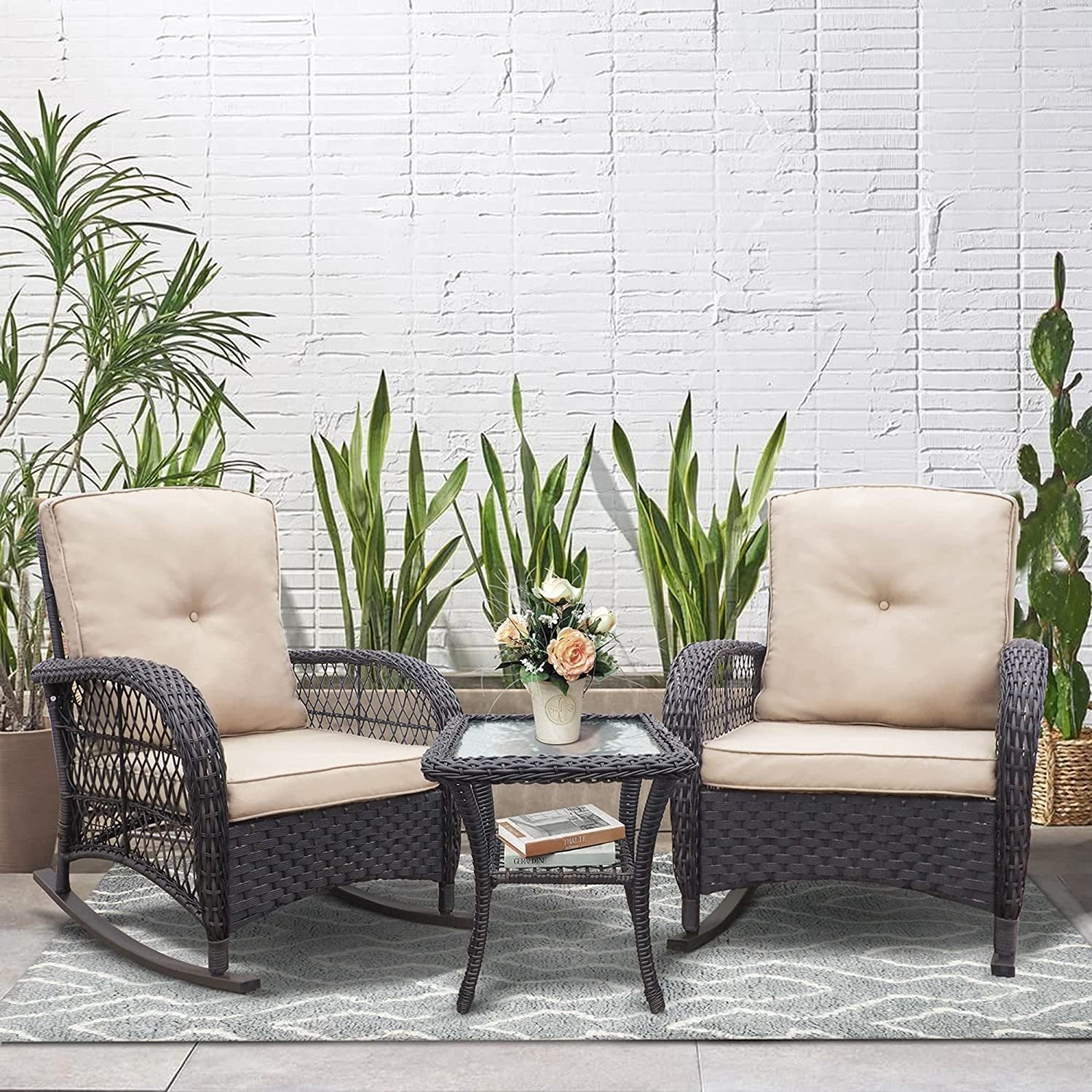 3 Pieces Outdoor Wicker Rocker Patio Bistro Set;  Rocking Glider Chairs with Premium Cushions and Armored Glass Top Side Table;  Elegant Wicker Patio Bistro Conversation Sets for Backyard