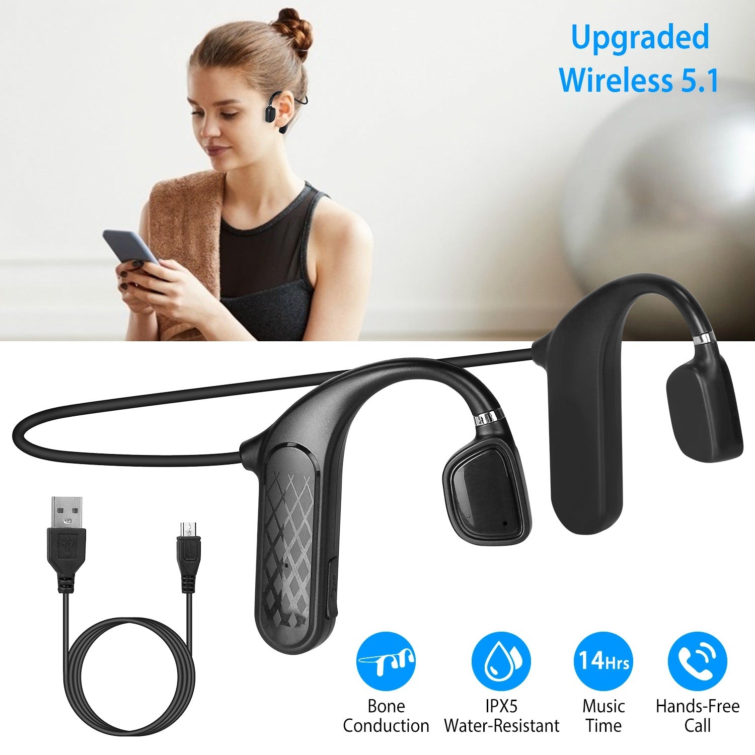 Wireless V5.1 Bone Conduction Earphones Open-Ear Wireless Headsets